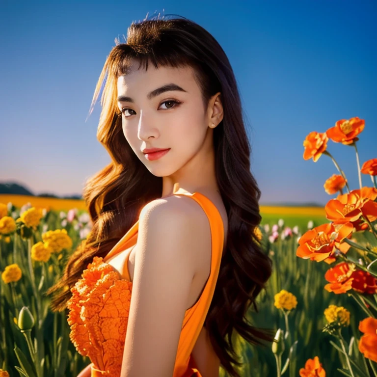 Araaf woman in an orange dress stands in a field of flowers., beautiful Asian girl, better known as Zinnia, Beautiful Asian woman, Zinnia, Asian girl, Model 5 0 0 pixels, Fluorescent Red, Anna Nikonova aka New Milky, Alina, Enami and Argerm, glowing red and orange, Photo of a beautiful woman, sexy girl