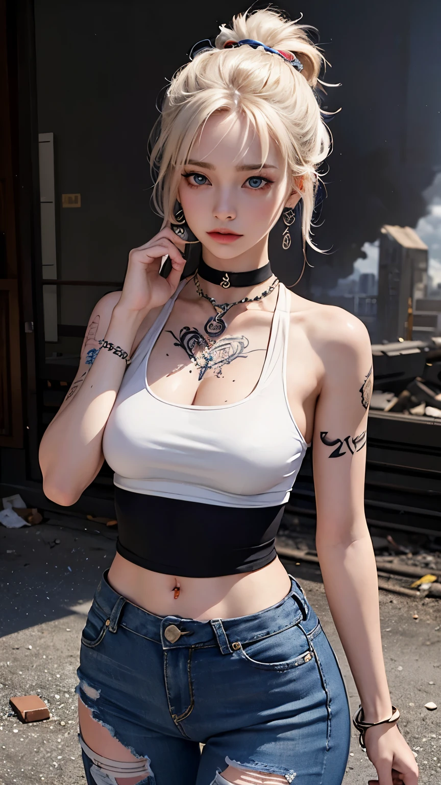 (Browsing Caution:0.7), Perfect Style, Beautiful Face, Highly detailed face and skin texture, (Maximum resolution: 1.2), 1 female,Hip Up, jewelry, (((He has many tattoos all over his body)), Streetwear, (((Tight shorts))), blonde, (((Tight waist))), ((Big Breasts)),(See-through)