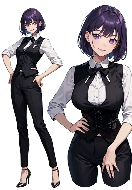 Purple hair,short hair,Adult female,Bartender,((Rolling up your sleeves shirt)),((black vest)),(Corset),(slacks),High heels,((Simple white background)),Smile,((Full body)),((whole body)),Character Sheet,