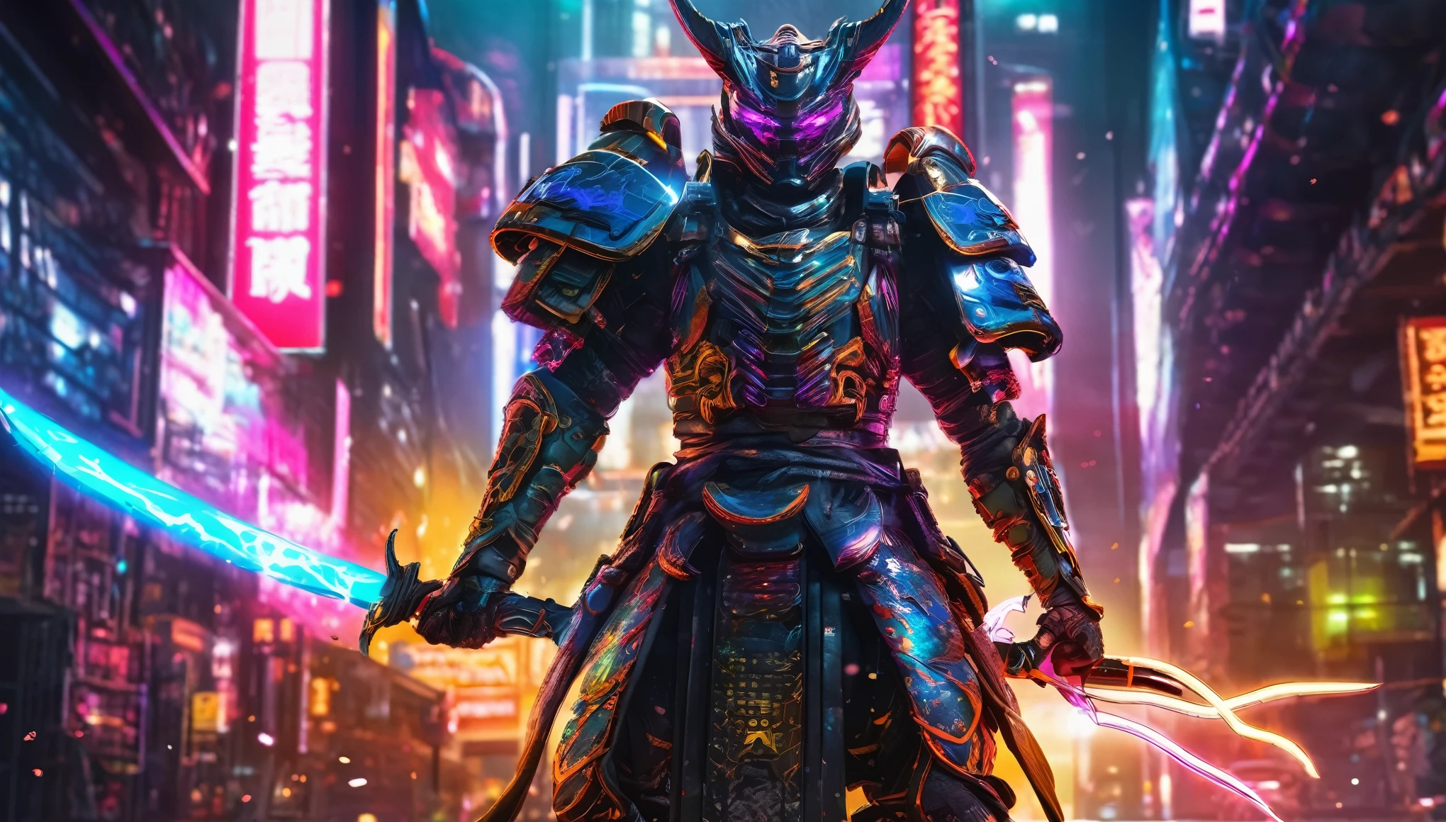 A samurai warrior in liquid metal armor with dragon designs, wielding a neon lit blade, in a cyberpunk arena, full body, (best quality,4k,8k,highres,masterpiece:1.2),ultra-detailed,(realistic,photorealistic,photo-realistic:1.37),HDR,UHD,studio lighting,ultra-fine painting,sharp focus,physically-based rendering,extreme detail description,professional,vivid colors,bokeh,cyberpunk,science fiction,mecha