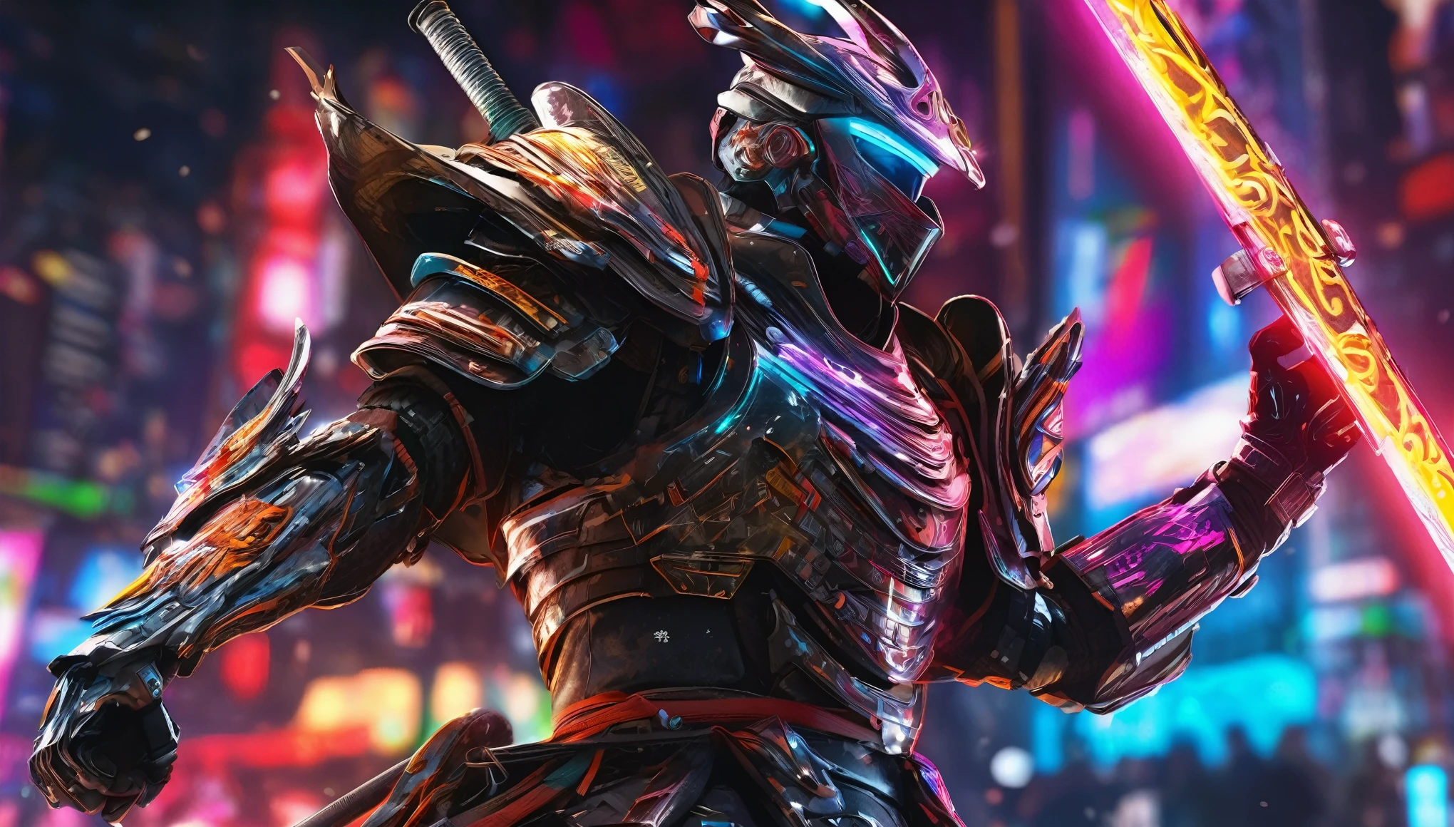 A samurai warrior in liquid metal armor with dragon designs, wielding a neon lit blade, in a cyberpunk arena, full body, (best quality,4k,8k,highres,masterpiece:1.2),ultra-detailed,(realistic,photorealistic,photo-realistic:1.37),HDR,UHD,studio lighting,ultra-fine painting,sharp focus,physically-based rendering,extreme detail description,professional,vivid colors,bokeh,cyberpunk,science fiction,mecha