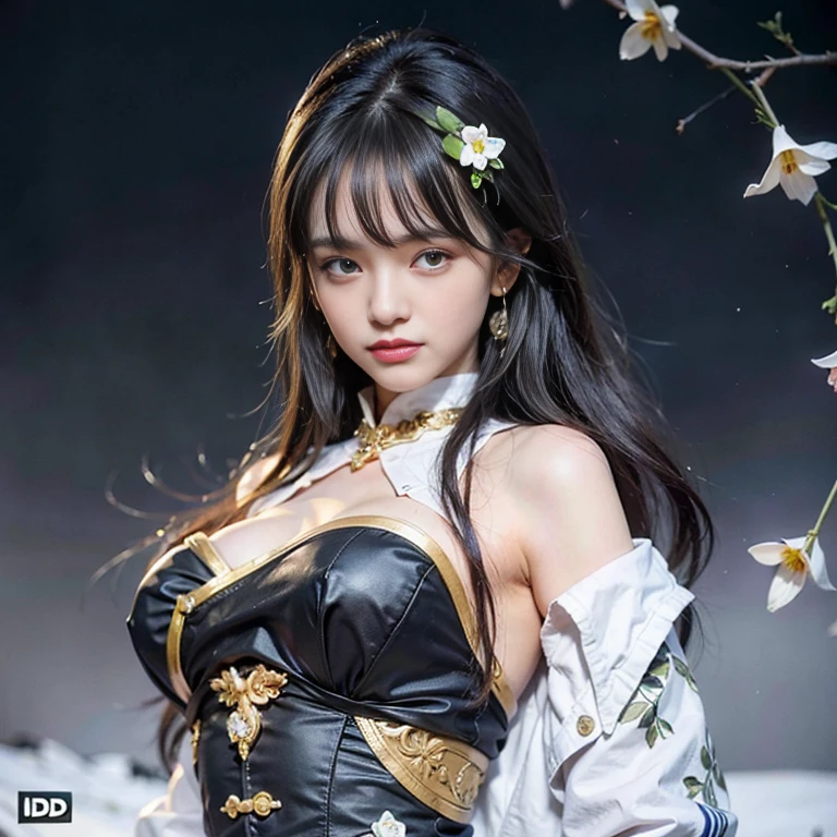 The most beautiful girl face in the world, black hairs, green eyes, gorgeous babe, 18 years old european, Ultra realistic , photo realistic nikon, 4k uhd, very actractive, nobel photography, masterpiece, very very large breasts, black dress, push up bra breasts, blue top, jacket, some little flowers on hairs, near shot, (((european girl face)))