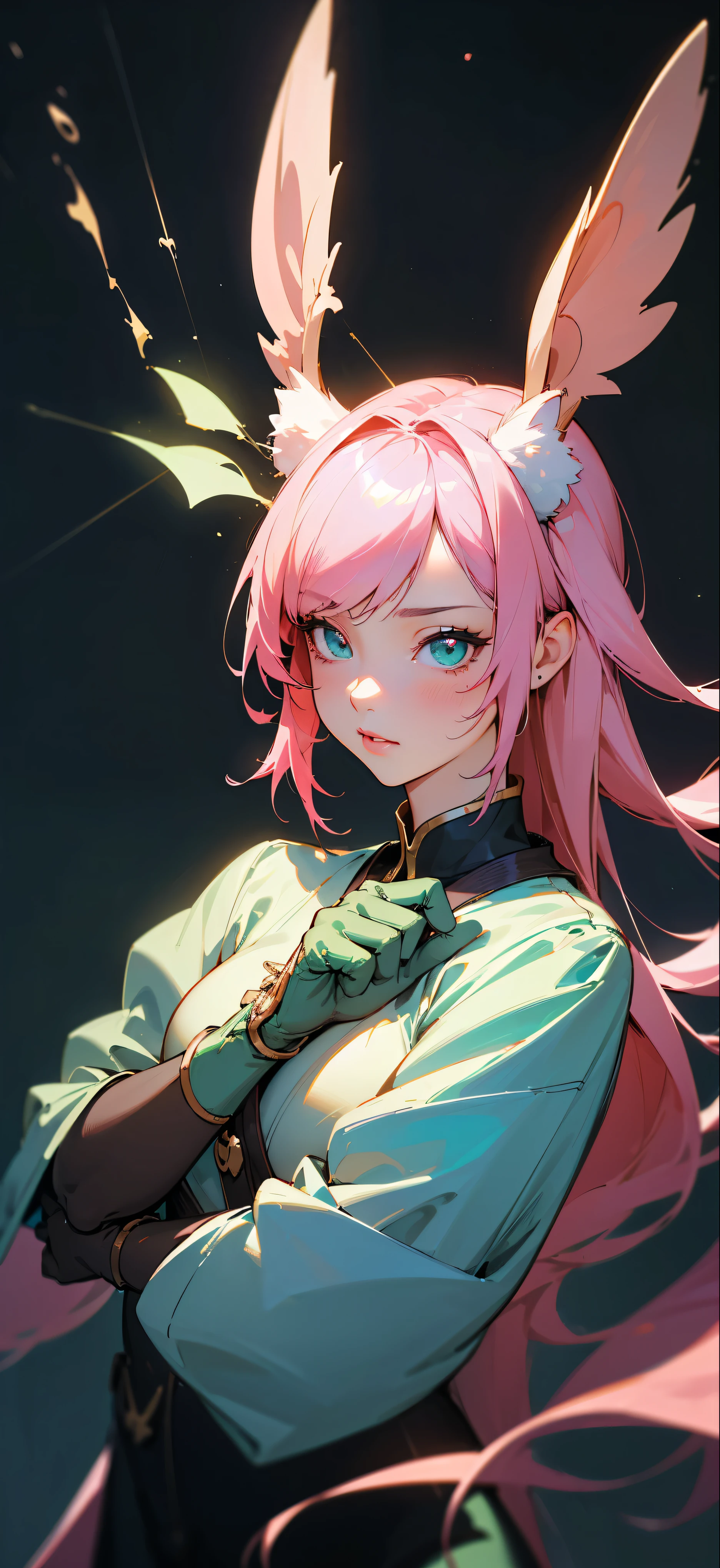 a cute anime girl with pink hair and bunny ears, holding a green glove, detailed portrait, knights of the zodiac girl, stylized anime art, painted in anime painter studio, digital anime illustration, artwork in the style of guweiz, character art closeup, loish art style, stylized painting, detailed digital anime art, (best quality,4k,8k,highres,masterpiece:1.2),ultra-detailed,(realistic,photorealistic,photo-realistic:1.37),vibrant colors,dynamic lighting,soft lighting,warm colors,cinematic lighting