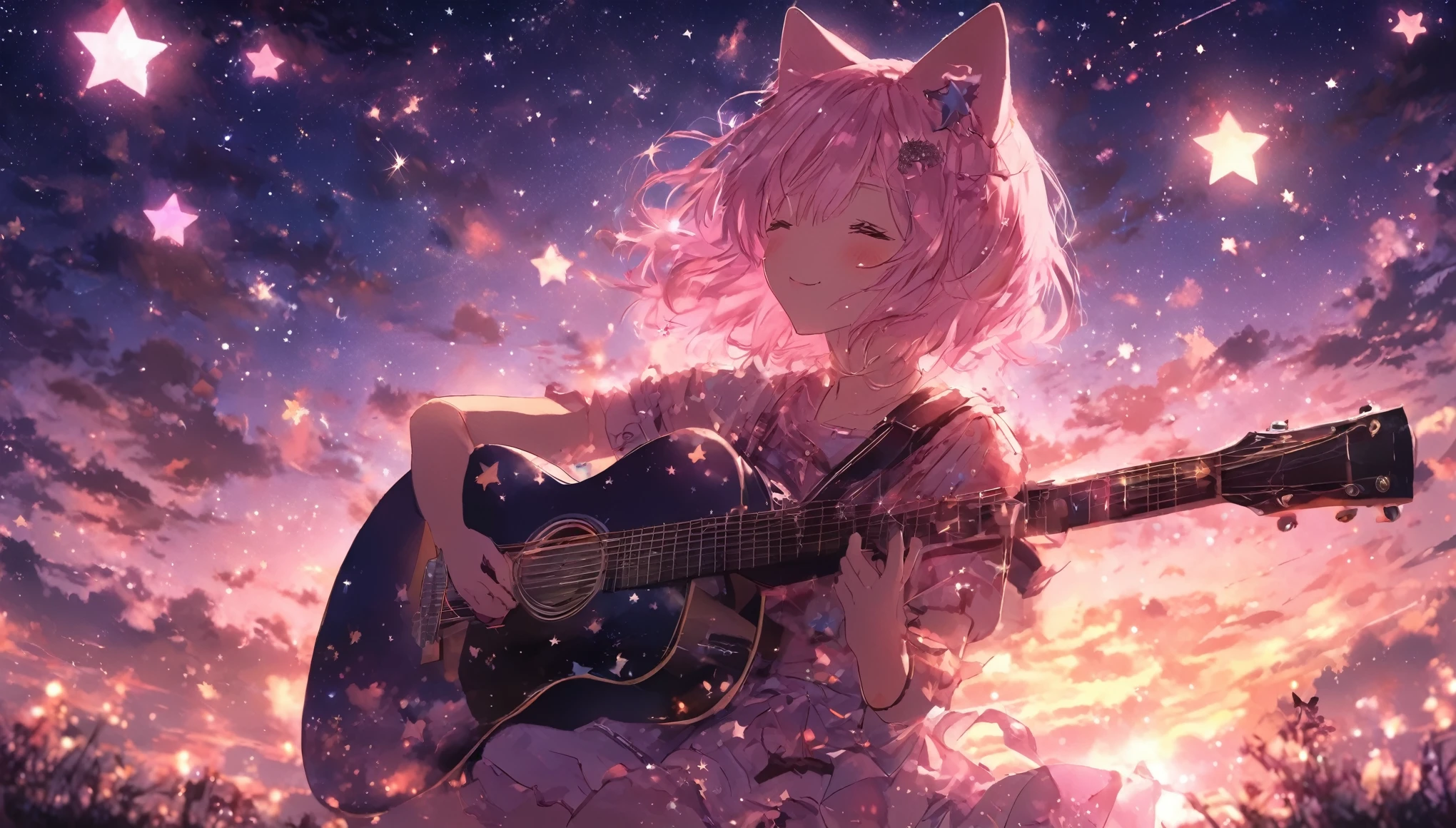 picture a scene of a girl playing the guiter alone with stars in the sky. Anime, pink hair, cat ears. That's her charm.