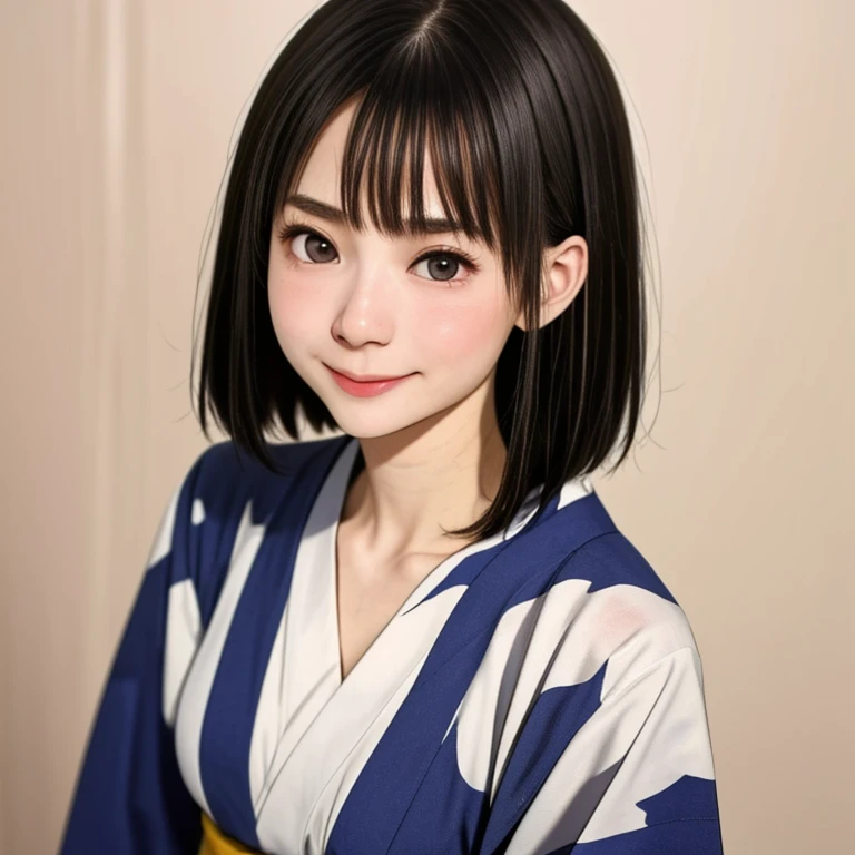 (kawaii 24 year-old Japanese girl, Nogizaka idol, Korean idol), glossy brown hair, (very short hair:1.2), beautiful black eyes, rounded face, narrow shoulders, single eyelid, (no makeup:1.2), (shy, smile, noseblush:1.3), (yukata, Japanese traditional clothes), extra small breasts, BREAK, (simple white background:1.2), (view from forward, bust shot, id photo:1.2), BREAK, (masterpiece, best quality, photo realistic, official art:1.4), (UHD, 8K quality wallpaper, high resolution, raw photo, golden ratio:1.3), (shiny skin), professional lighting, physically based rendering, award winning, (highly detailed skin texture, extremely detailed face and eyes textures), Carl Zeiss 85 mm F/1.4, depth of field, (1girl, solo),