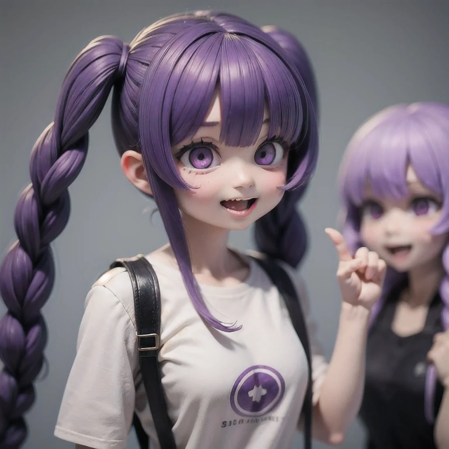 arafed 2 girls with purple hair and a white shirt, long braided purple hair, violet long hair, elegant fantasy style braids, pigtails hairstyle, long light purple hair, long purple hair, purple long hair, long violet hair, purple flowing hair, lavender hair, purple hair, violet hair, lilac hair, flowing purple hair, kawaii hairstyle, purple color,(((2 girls))), solo,araffe 2 girls with long hair and a black top smiling, her face flushing and sweat, she is smiling and excited, staring sofía vergara screaming, she expressing joy, looks a blend of grimes, she is laughing, hito steyerl, so happy that her face hurts, looks like a mix of grimes, she is smiling and happy