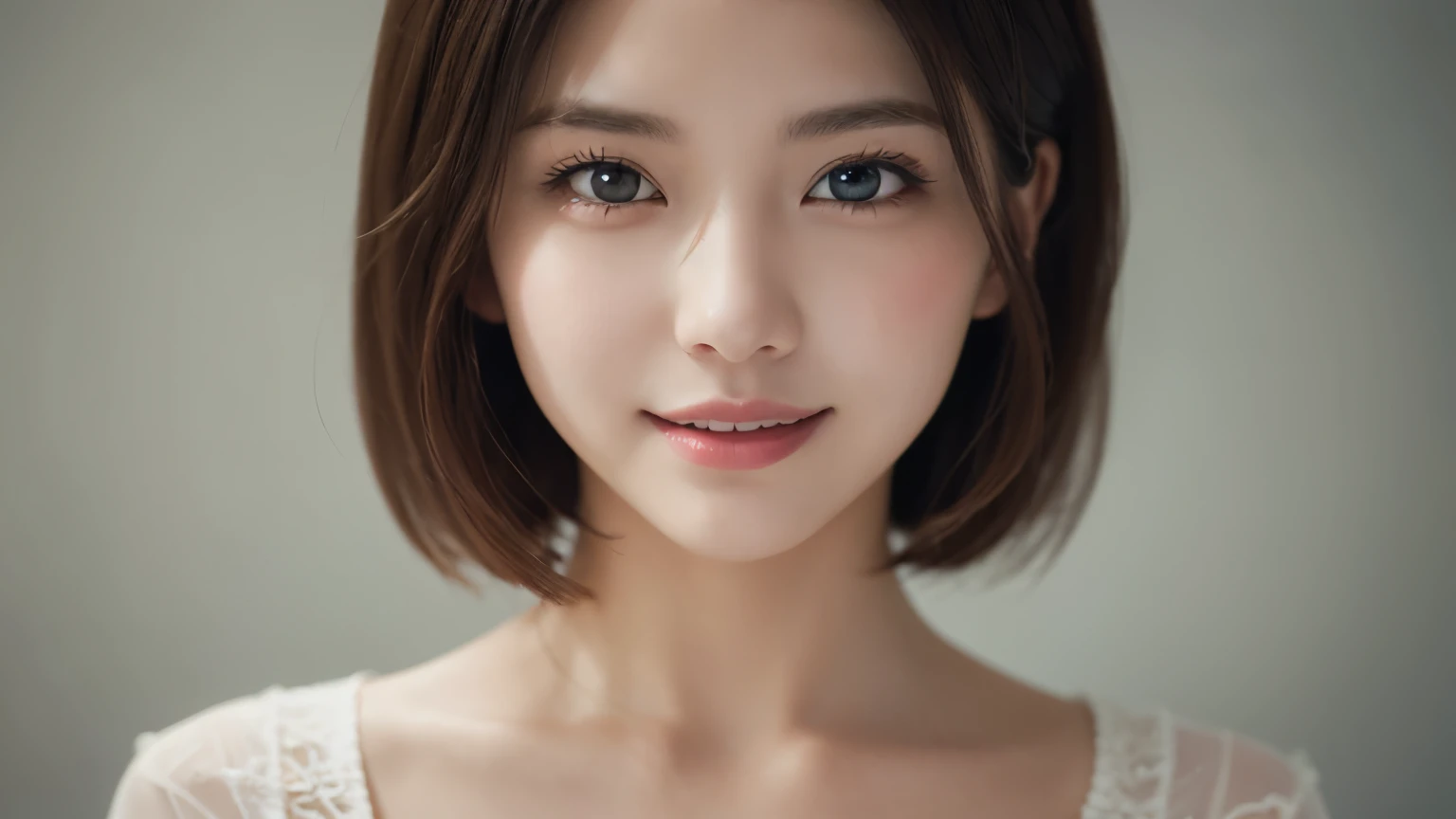 One Girl, (Wear trendy fashion:1.2), (RAW Photos, highest quality), (Realistic, Realistic:1.4), Tabletop, Very delicate and beautiful, Very detailed, 2k wallpaper, wonderful, In detail, Very detailedな CG Unity 8K 壁紙, Very detailedな, High resolution, Soft Light, Beautiful detailed girl, Looking into the camera、Very detailedな目と顔, Beautiful and detailed nose, Beautiful details, short hair, small, White clothes、White Background、Background is white、Cinema Lighting, Perfect Anatomy, Slender body, smile,