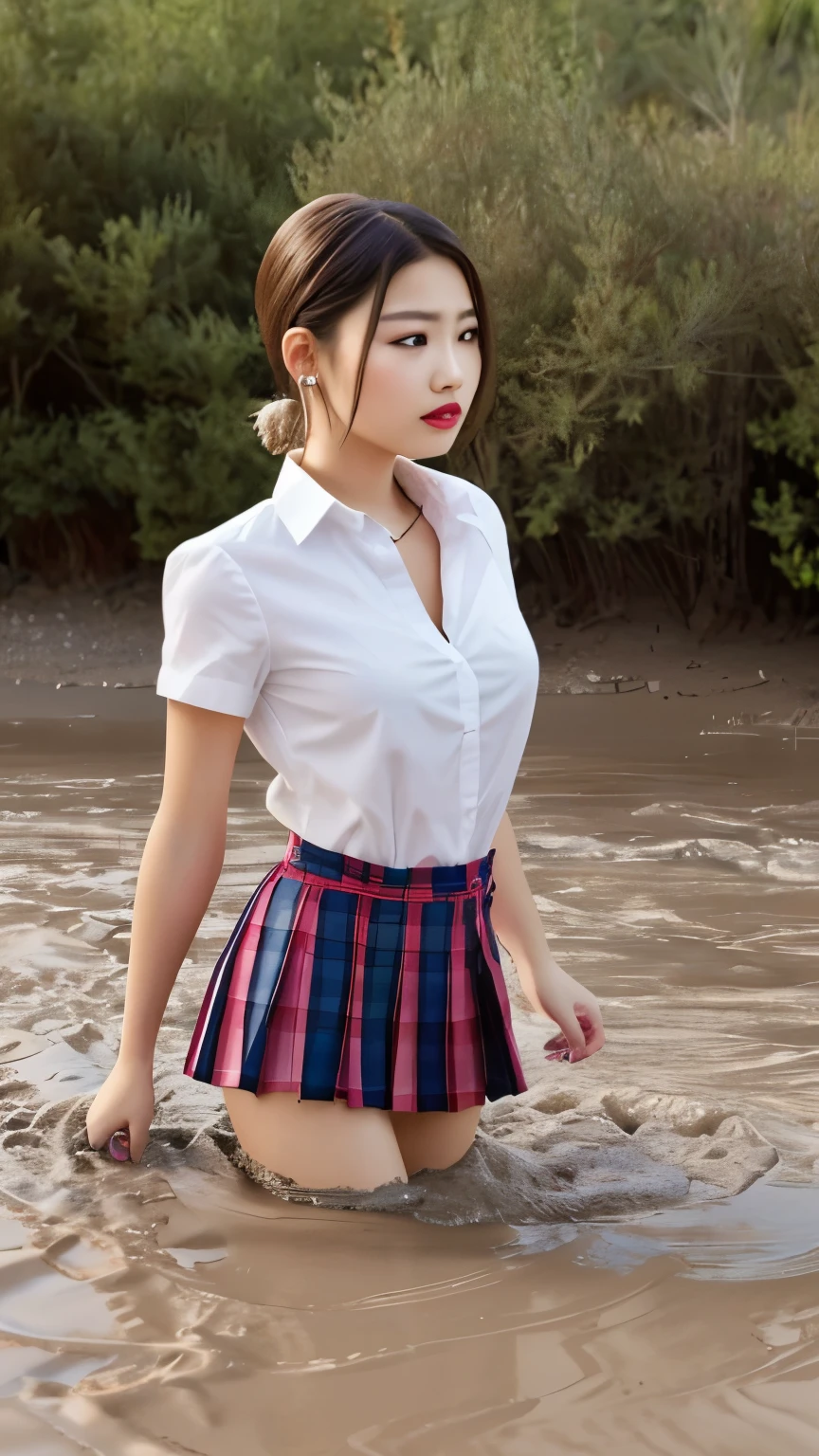 beautiful girl, brown eyes, beautiful 18 year old girl, Brown highlights hair, undercut pixie hair, short hair, lips, realistic, narrow waist, charming, pink lipstick, colorful makeup, long eyelashes, fair skin, (cute), (detailed face), detailed eyes, detailed iris, (large breasts:1.2), (full body:1.2), ((white shirt, pleated miniskirt)), (quicksand:1.3), annoyed