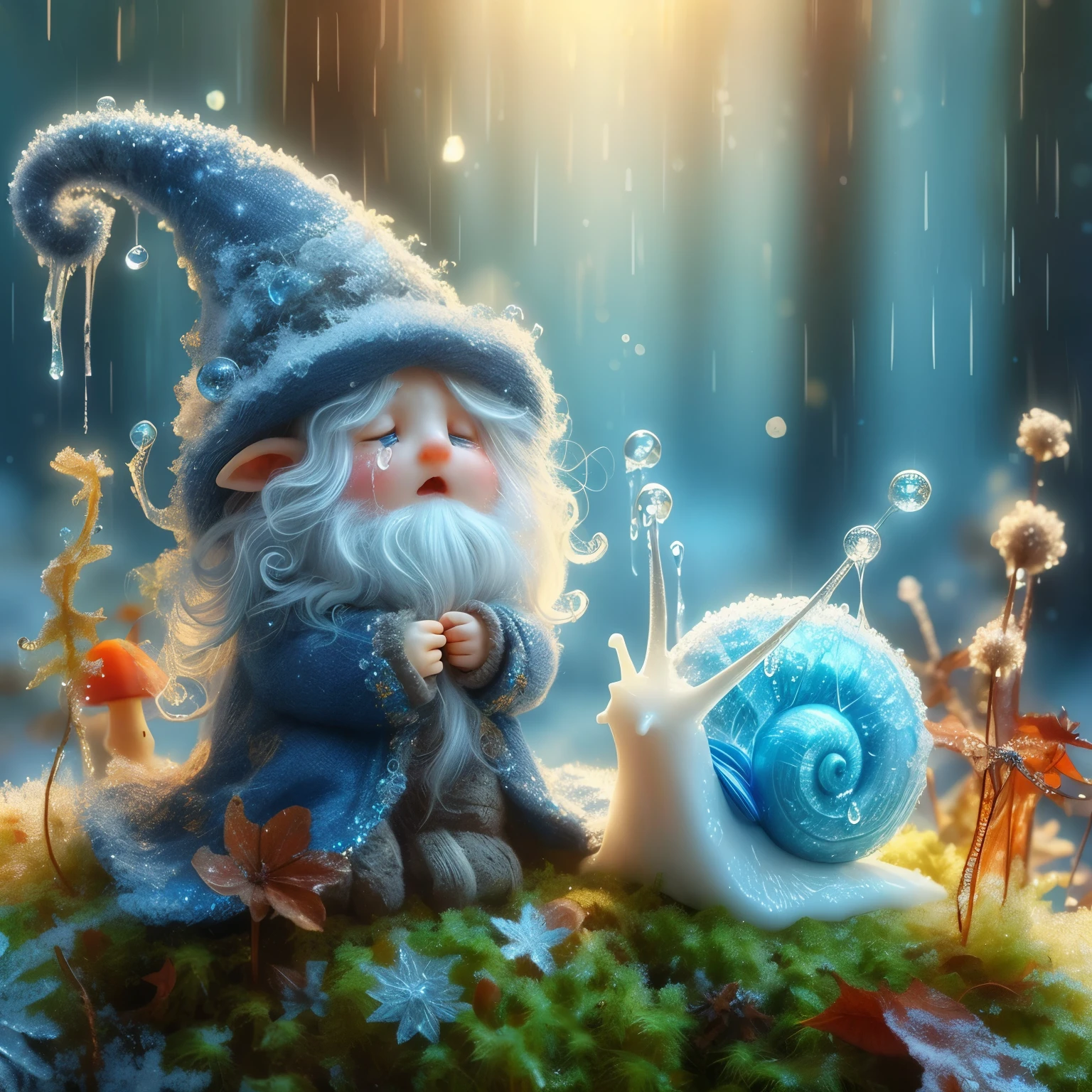 A wizard and his familiar, which is a magical ice snail with white skin and glowing blue crystalline shell, fantasy, snow, ice, digital art, a diminutive gently singing little wizard with curled pointy hat with tears as big as dew drops sitting in the rain on a leaf covered by moss, snowy forest background, tiny flowers, sparkling with frosty snow dew and snow drops, red orange and yellow colors through dappled sunlight