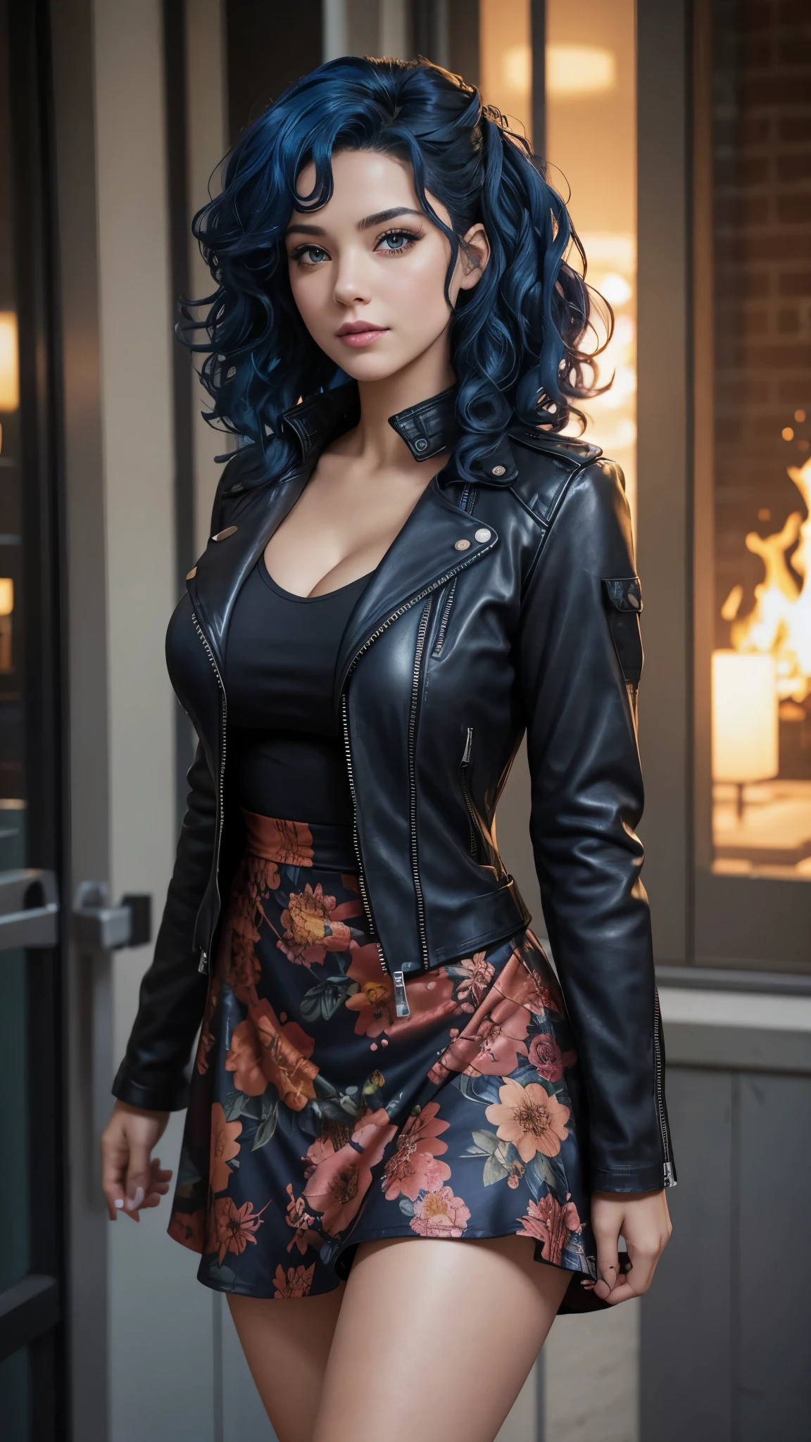 Blue curly hair. Deep dark and energetic coffee eyes. She wears a floral stamped dress with a leather jacket. busty. Comic style, marvel comics
