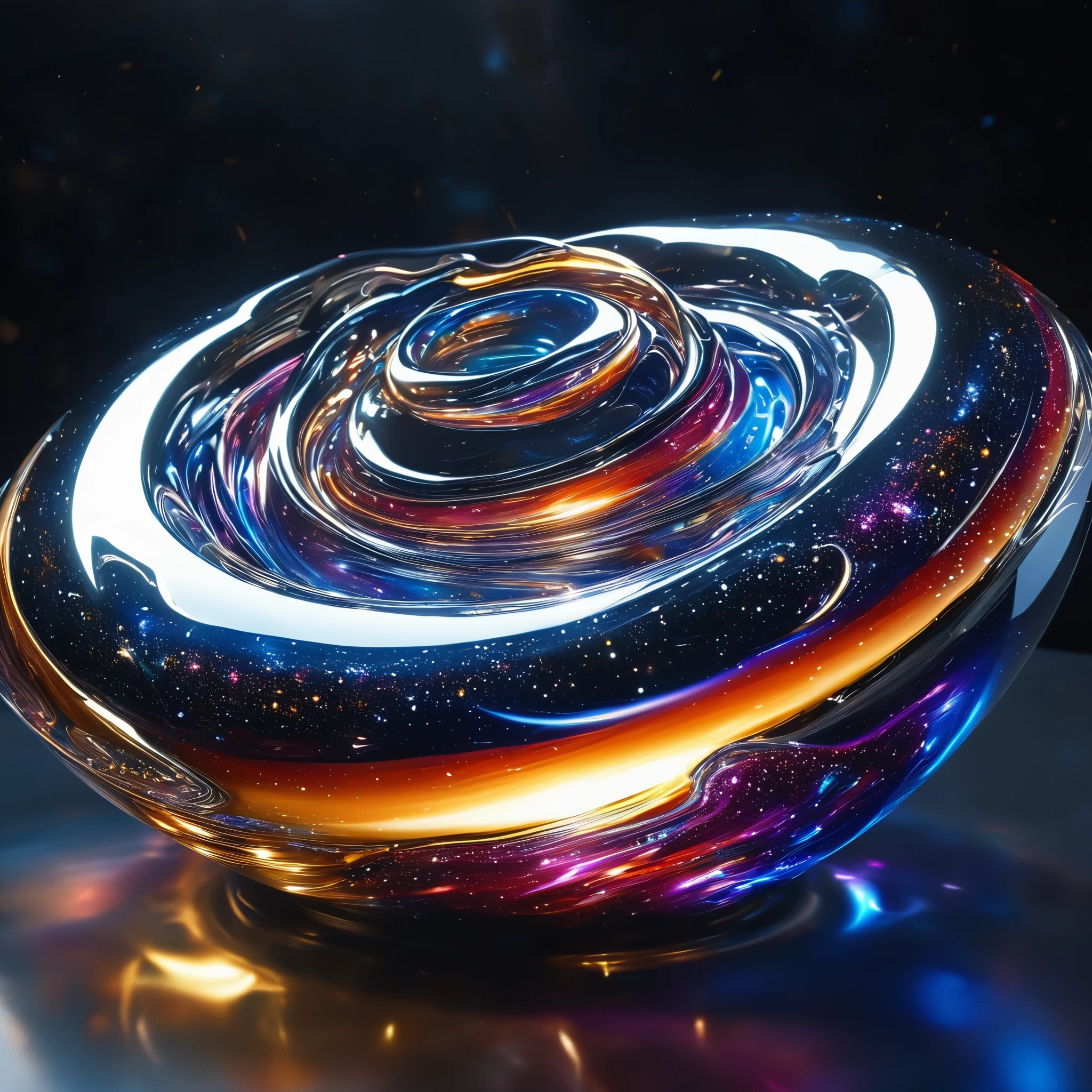 a futuristic liquid metal galaxy sculpture,color of galaxy ， intricate metallic textures, shimmering reflections, dramatic chiaroscuro lighting, cinematic atmosphere, complex geometric patterns, hypnotic swirling forms, glossy chrome surfaces, dynamic movement, high contrast, cinematic lighting, photorealistic, 8k, best quality, masterpiece，