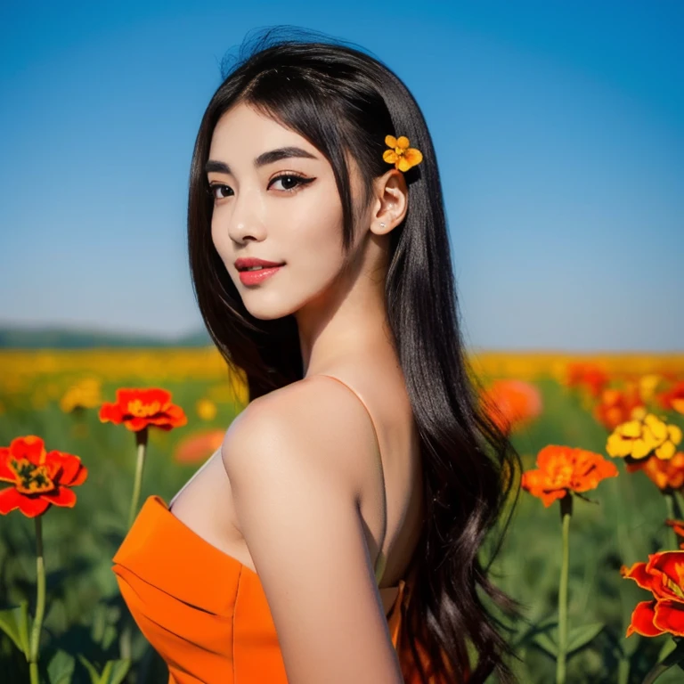 Araaf woman in an orange dress stands in a field of flowers., beautiful Asian girl, better known as Zinnia, Beautiful Asian woman, Zinnia, Asian girl, Model 5 0 0 pixels, Fluorescent Red, Anna Nikonova aka New Milky, Alina, Enami and Argerm, glowing red and orange, Photo of a beautiful woman, sexy girl