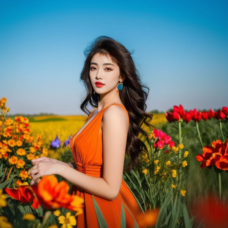 Araaf woman in an orange dress stands in a field of flowers., beautiful Asian girl, better known as Zinnia, Beautiful Asian woman, Zinnia, Asian girl, Model 5 0 0 pixels, Fluorescent Red, Anna Nikonova aka New Milky, Alina, Enami and Argerm, glowing red and orange, Photo of a beautiful woman, sexy girl