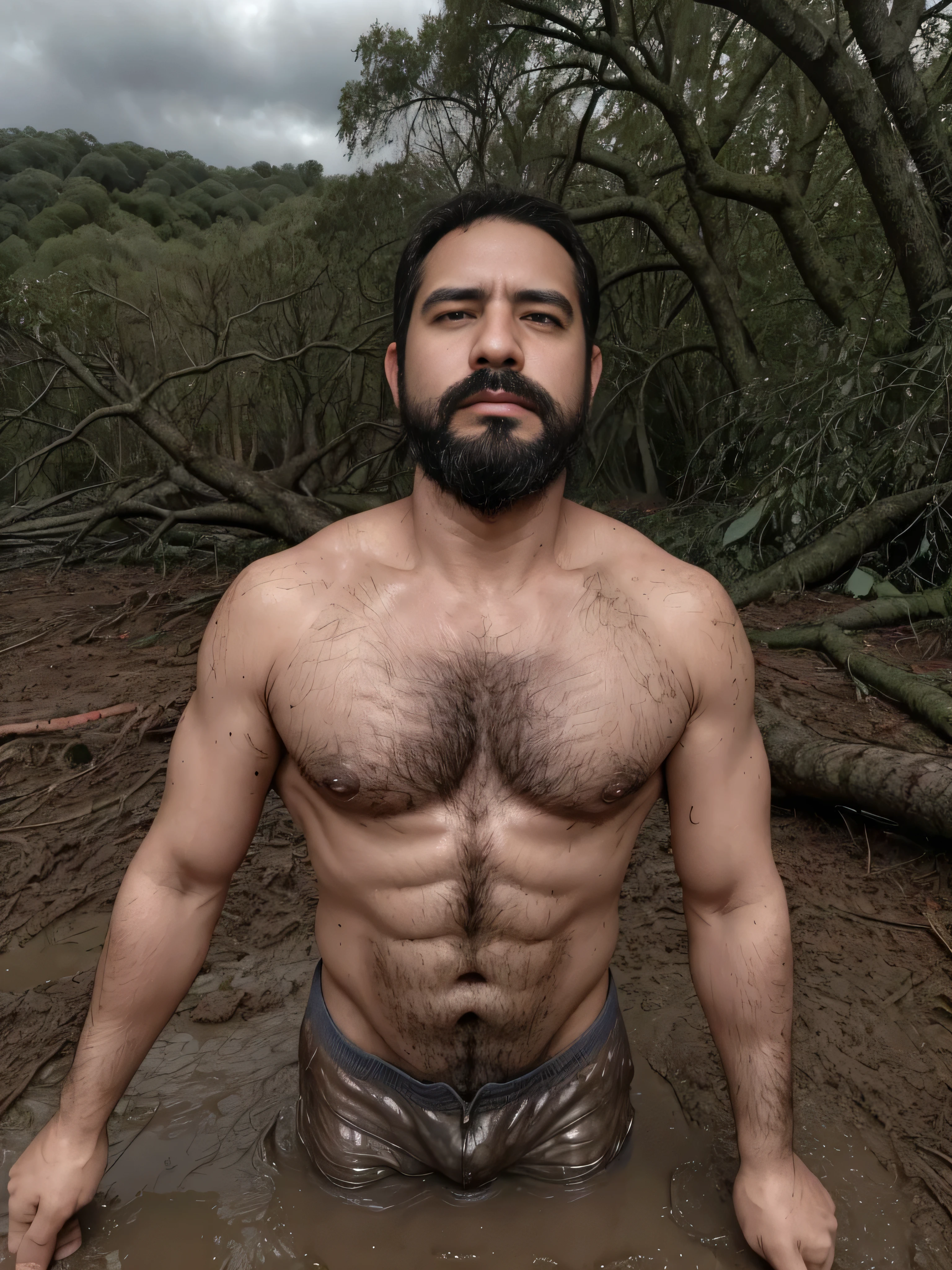 Create a super realistic image of a 38 year old man, de apariencia varonil y con lentes oscuros, en medio de un deslizamiento de tierra. La textura del rostro debe ser muy detallada, mostrando la parte superior del cuerpo en un plano medio. The man is covered in mud, His expression shows desperation and he struggles to stay upright as the ground slides around him.. The scene has fallen trees and debris in the background, with a cloudy and dark sky that accentuates the feeling of danger.