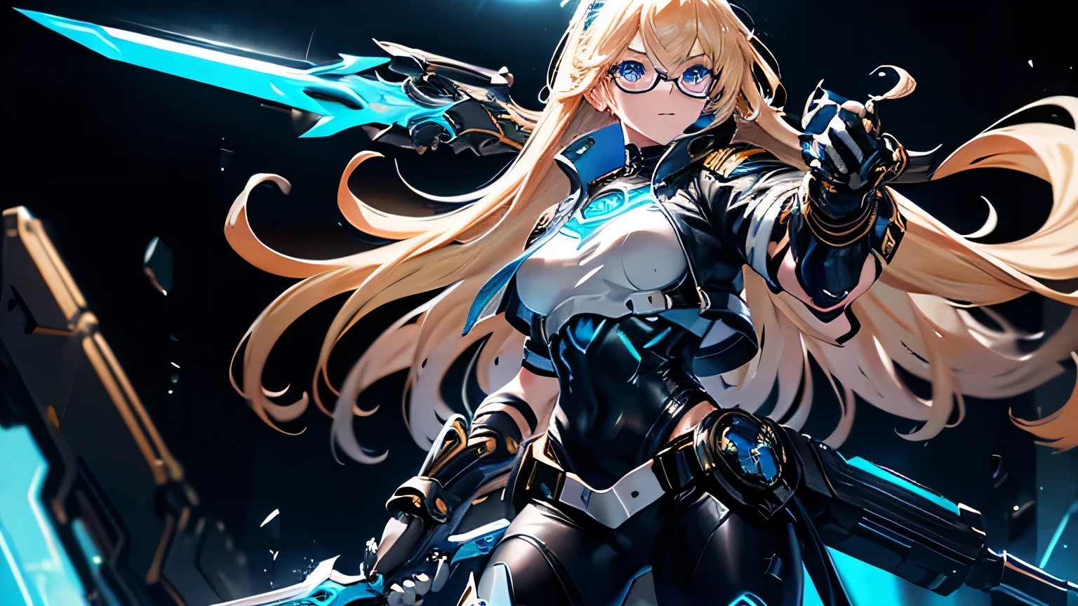  girl with long blonde hair with blue eyes, aggressive features, superhero costume with a technological looking golden sword with neon blue details in her right hand, a white short sleeve shirt with a black leather jacket, black boots, black pants , a futuristic looking golden claw on his left hand, futuristic blue glasses, remove background