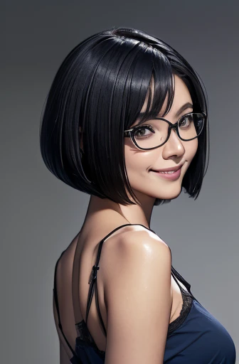 (masterpiece), (8k, best quality, high resolution), (ultra-detailed, realistic), (anatomically correct),
((Worm's-eye view)), ((looking down)),
((Portrait)), (Standing), (((looking back))), (No background),
(1woman), (looking at viewer), (show your back),
(A Japanese woman, 30 years old and 155cm tall.),
((Wear a navy blue tunic camisole)), ((A camisole without decoration.)),
(black hair), (straight hair), (short hair style), ((bob cut)),
(wear glasses), (black square cell glasses),
((smile broadly)),
(Her impression is pure, clean and kind.),