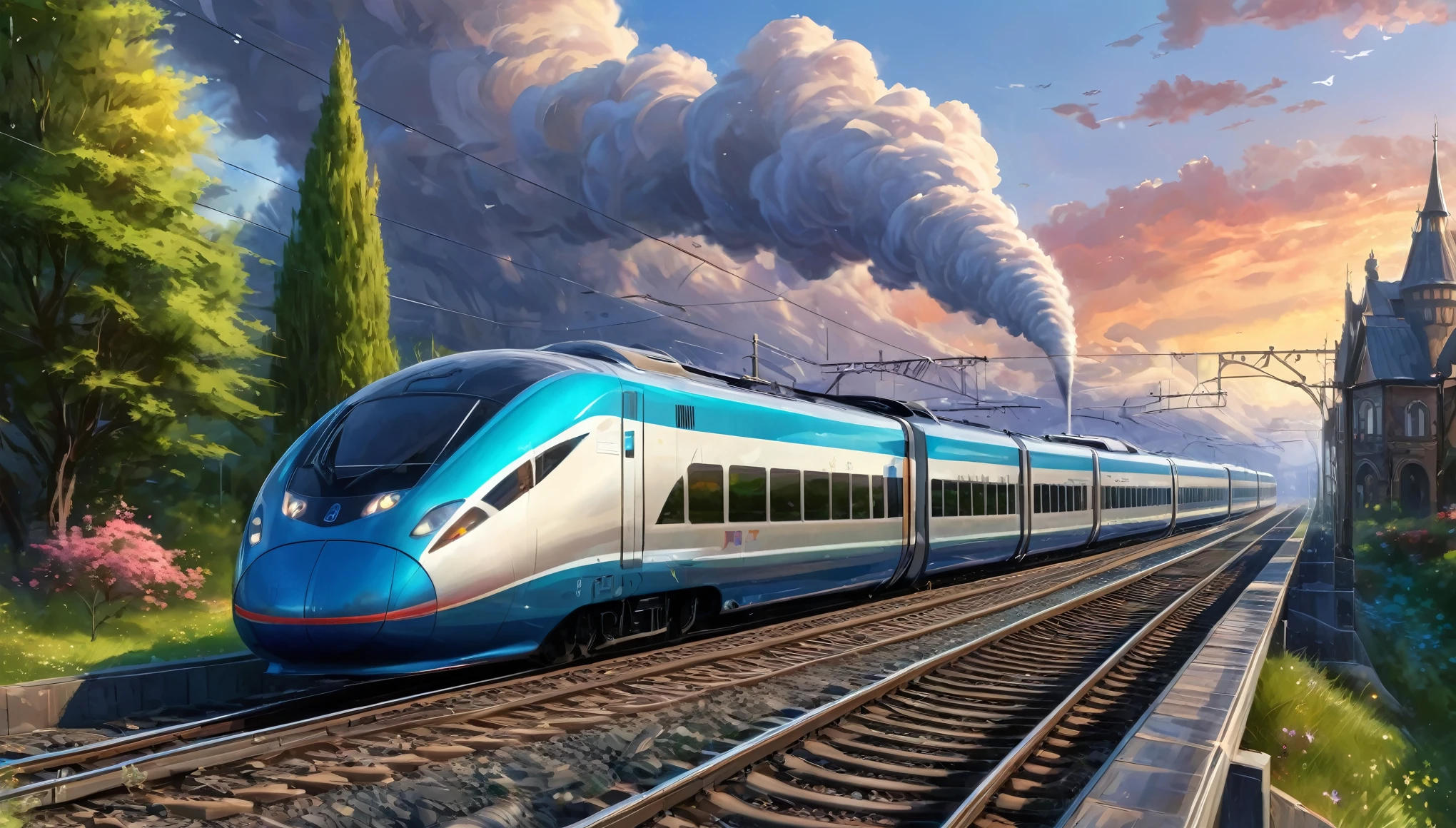 A sleak modern train going down the tracks, beautiful fantasy, inspired by Igor Zenin, julie dillon, fantasy - n 9, ue5, by Kaii Higashiyama, high speed trains, nightcore, artist rendition, photo of a painting, tall spires, extended art, cgsociety, uiltra realistic, 8k, vibrant colors
