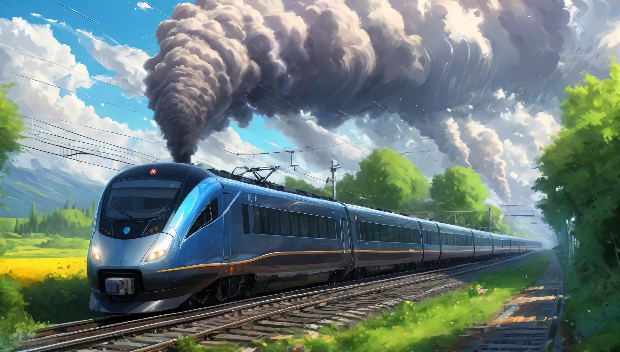 A sleak modern train going down the tracks, beautiful fantasy, inspired by Igor Zenin, julie dillon, fantasy - n 9, ue5, by Kaii Higashiyama, high speed trains, nightcore, artist rendition, photo of a painting, tall spires, extended art, cgsociety, uiltra realistic, 8k, vibrant colors
