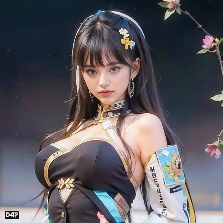 The most beautiful girl face in the world, black hairs, green eyes, gorgeous babe, 18 years old european, Ultra realistic , photo realistic nikon, 4k uhd, very actractive, nobel photography, masterpiece, very very large breasts, black dress, push up bra breasts, blue top, jacket, some little flowers on hairs,  near shot, (((european girl face)))