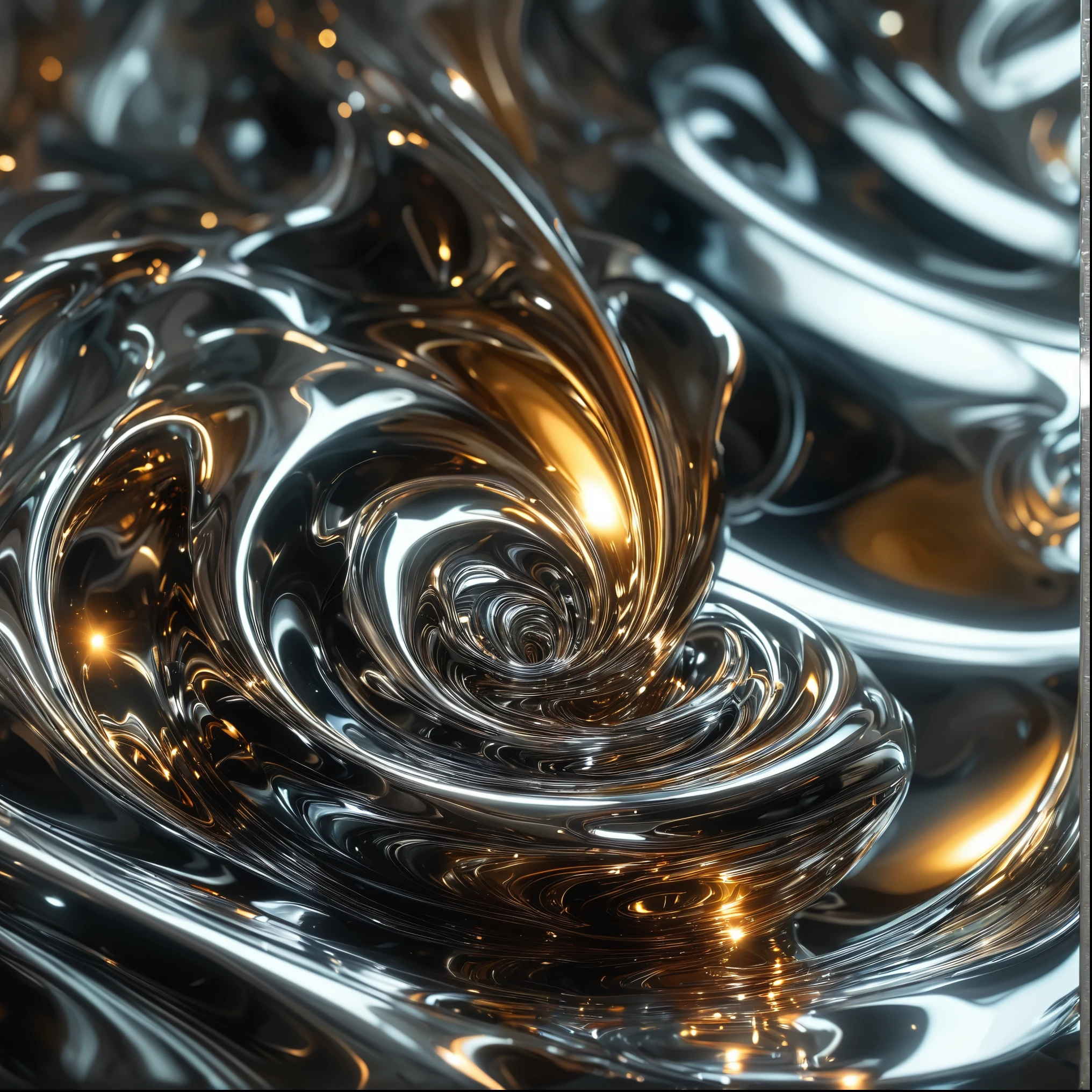 a futuristic liquid metal fractal sculpture, intricate metallic textures, shimmering reflections, dramatic chiaroscuro lighting, cinematic atmosphere, complex geometric patterns, hypnotic swirling forms, glossy chrome surfaces, dynamic movement, high contrast, cinematic lighting, photorealistic, 8k, best quality, masterpiece