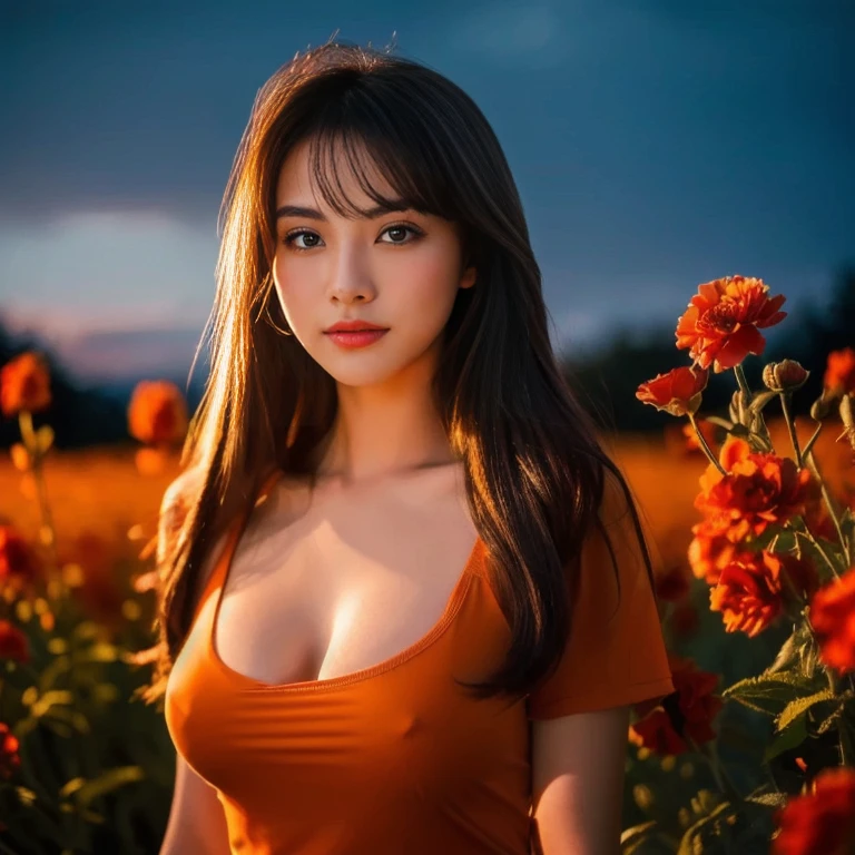 Araaf woman in an orange dress stands in a field of flowers., beautiful Asian girl, better known as Zinnia, Beautiful Asian woman, Zinnia, Asian girl, Model 5 0 0 pixels, Fluorescent Red, Anna Nikonova aka New Milky, Alina, Enami and Argerm, glowing red and orange, Photo of a beautiful woman, sexy girl