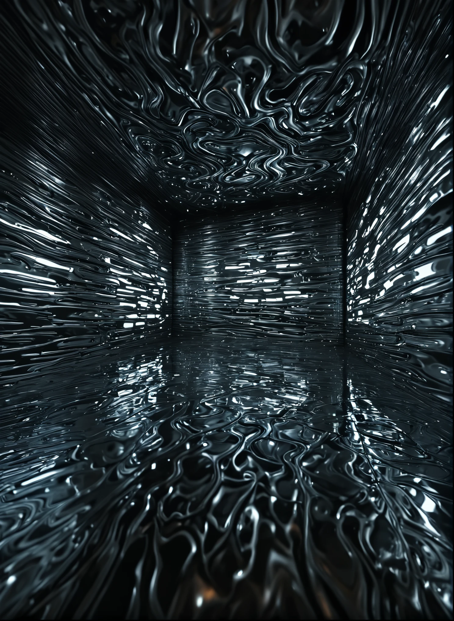 a surreal, futuristic room with irregular walls made of liquid metal, intricate architectural details, dramatic lighting, (best quality,4k,8k,highres,masterpiece:1.2),ultra-detailed,(realistic,photorealistic,photo-realistic:1.37),cinematic lighting,volumetric lighting,chiaroscuro,industrial,moody,dark,metallic,glowing metal,abstract,architectural,interior design,modern,dramatic