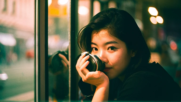 beautiful, cute smily chubby  korean girl, a realistic ultradetail,real detail eye, real detail nose, rela detail rela lips,real photo cinematic film still of in the 1990's there a woman sitting by the window of a coffee shop and drinking coffee. night, many neon sign, (happy pose), the photographer walking down the street looked beautiful and took pictures of her outside the window, snap shot, street photography, blur ,(face that visible through the glass:1.3), dark, low light, low key, wide angle