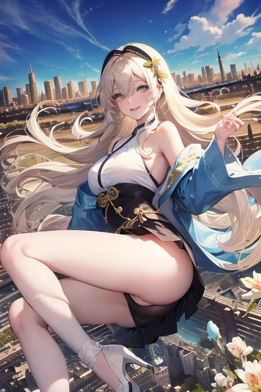 Official Art, masterpiece, Be focused, (beautiful, Beautiful and cute Korean woman:1.3), (Beautiful and cute Korean:1.3), Korean beauty, 精致beautiful头发、Eyes and face, Practical, Super detailed, beautiful女孩, Blue sky, Glowing white particles, (Side Light:1.2), Sunlight, White Cloud, Detailed clouds, Slim, Such a cute big ass, Smile with teeth bared, ((Smile with your eyes, Open your eyes)), landscape, Long and straight hair, sexy facial expression, architecture, (city View:1.7), Dynamic Hair, very Long and straight hair, Delicate platinum-blonde hair, Green Eyes, Black skirt, , Pale skin, Hair accessories, epic landscape,,White high heels,Nice ass,beautiful buttocks,There'There's nothing under the skirt..,weight loss