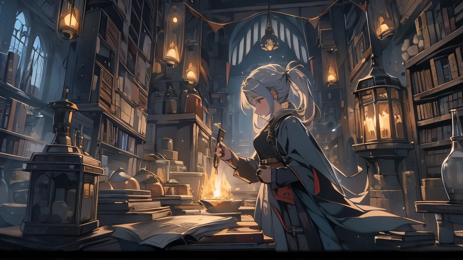 Conceptual art, anime style, cinematic lighting, bloom, Masterpiece, Best Quality, High Quality, UHD, retina, masterpiece, ccurate, anatomically correct, textured skin, super detail, high details, high quality, award winning, best quality, highres, 4K, Medieval Europe, Fantasy, Night, Night alchemist at work, Mysterious light, Ancient books and tools, Female alchemist mixing potion, Lots of potions and medicine bottles, 