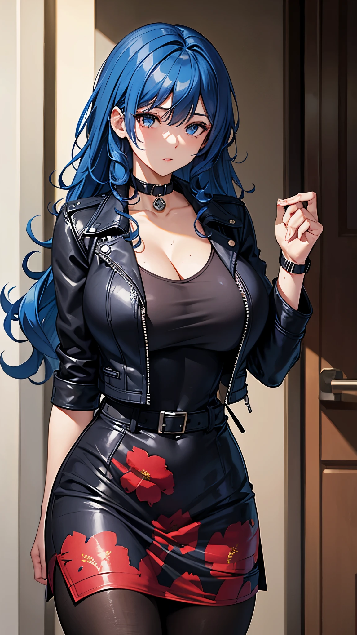 Blue curly hair. Deep dark and energetic coffee eyes. She wears a floral stamped dress with a leather jacket. busty. Comic style, marvel comics