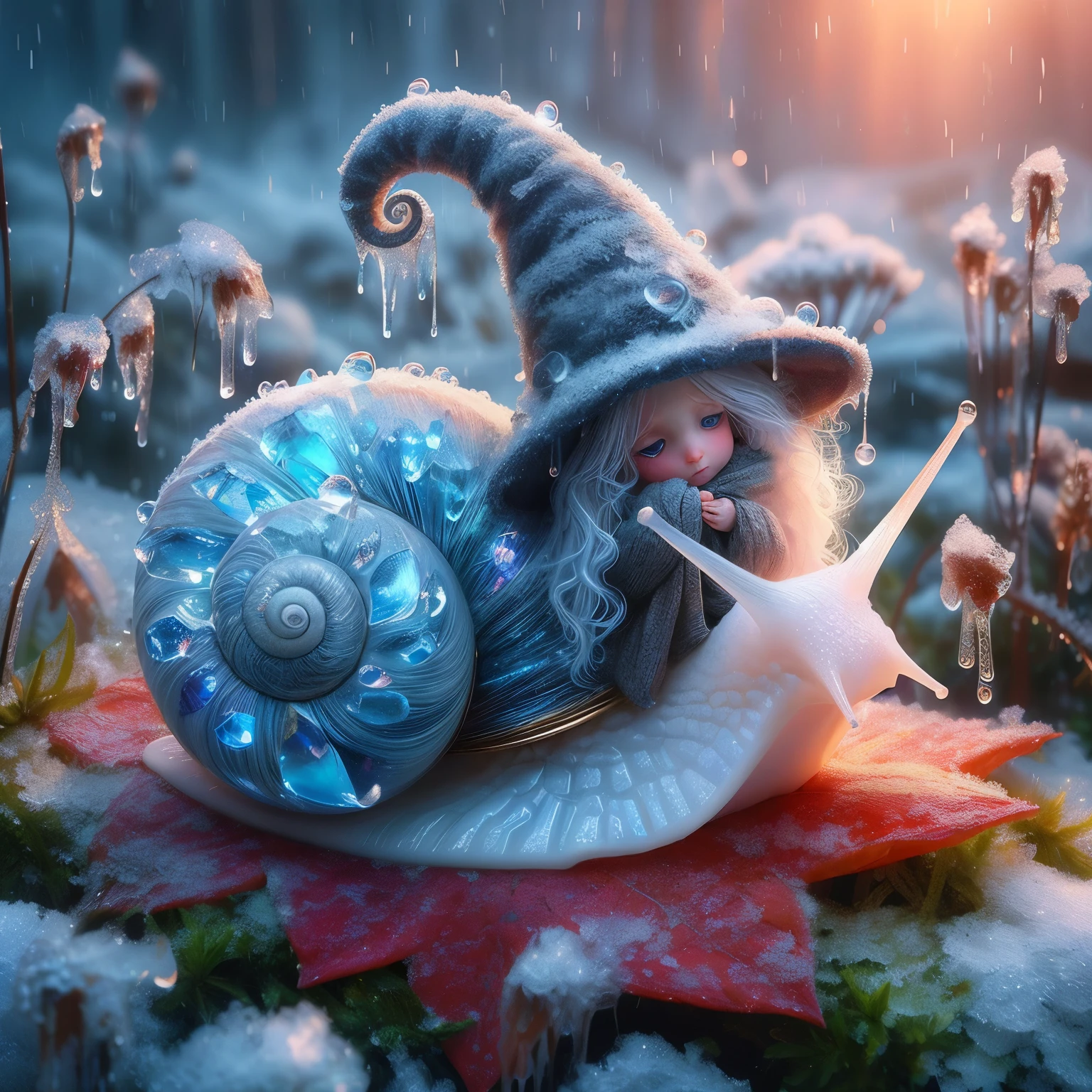 A wizard and his familiar, which is a magical ice snail with white skin and glowing blue crystalline shell, fantasy, snow, ice, digital art, a diminutive gently singing little wizard with curled pointy hat with tears as big as dew drops sitting in the rain on a leaf covered by moss, snowy forest background, tiny flowers, sparkling with frosty snow dew and snow drops, red orange and yellow colors through dappled sunlight