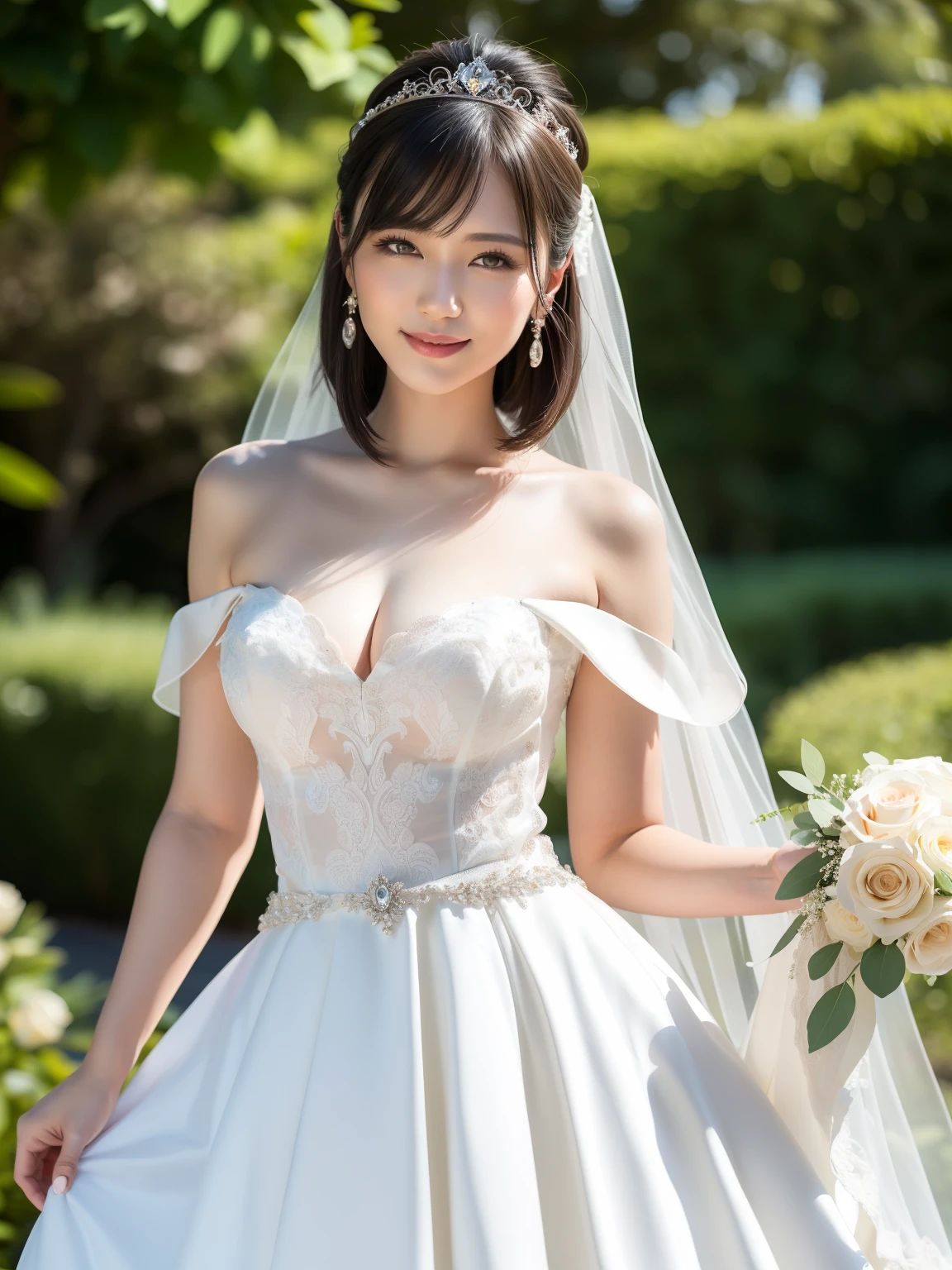 (Best quality: 1.5), (Realistic: 1.5), (1 person: 1.5), (Medium shot: 1.5), Highly detailed, High resolution, 8k, Medium breasts, Natural colored lips, Cute smile, Japanese woman, 20-year-old girl, beautiful and elegant features, perfect and beautiful face, large eyes with good balance between the left and right sides, brunette eyes, beautiful and elegant features, beautiful double eyelids, natural bangs, beautiful thin nose, beautiful skin, fair skin, (medium bob hair), natural bangs, perfect and beautiful face, slim face and figure, (looks at the camera with a sweet smile), bright lighting, professional lighting, forward lighting, princess line wedding dress, best Wearing a luxury bridal tiara (wearing a pure white off-shoulder wedding dress), luxury wedding dress, lace white gloves, bridal veil, (Western garden with beautiful roses), Western garden, holding the hem of the skirt,