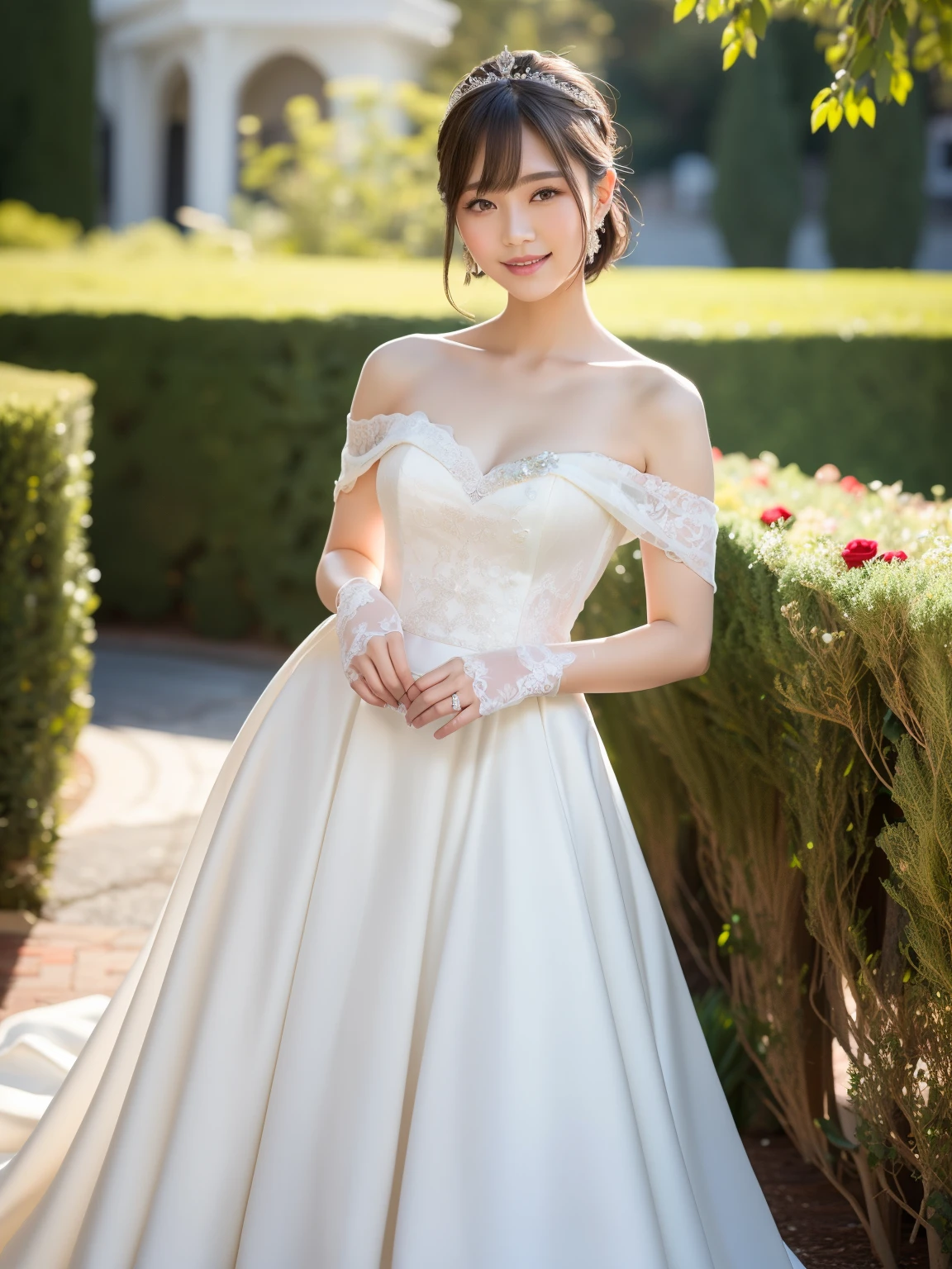 (Best quality: 1.5), (Realistic: 1.5), (1 person: 1.5), (Medium shot: 1.5), Highly detailed, High resolution, 8k, Medium breasts, Natural colored lips, Cute smile, Japanese woman, 20-year-old girl, beautiful and elegant features, perfect and beautiful face, large eyes with good balance between the left and right sides, brunette eyes, beautiful and elegant features, beautiful double eyelids, natural bangs, beautiful thin nose, beautiful skin, fair skin, (medium bob hair), natural bangs, perfect and beautiful face, slim face and figure, (looks at the camera with a sweet smile), bright lighting, professional lighting, forward lighting, princess line wedding dress, best Wearing a luxury bridal tiara (wearing a pure white off-shoulder wedding dress), luxury wedding dress, lace white gloves, bridal veil, (Western garden with beautiful roses), Western garden, holding the hem of the skirt,