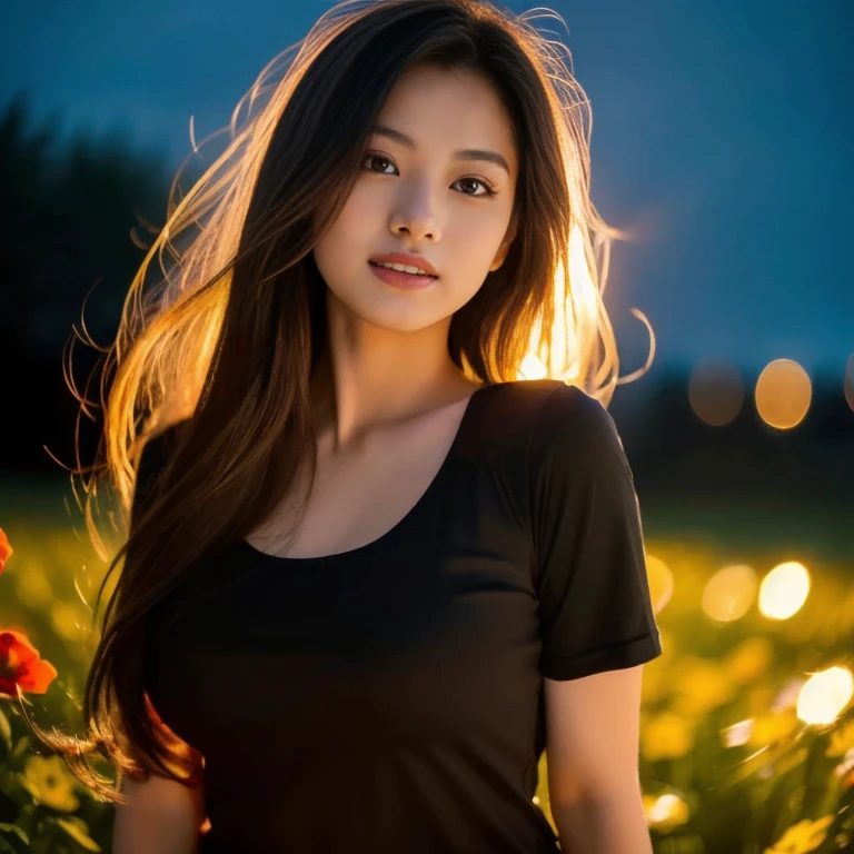 Aarav woman wearing a black shirt stands in a field of flowers., beautiful Asian girl, beautiful asian woman, Asian girl, asian woman, an asian woman, beautiful young asian woman, beautiful face backlit, Photo of a beautiful woman, Asian girl with long hair, asian woman, Chinese girl, attractive woman, young Asian girl, a young asian woman