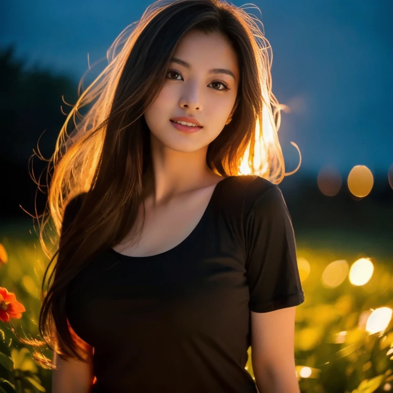 Aarav woman wearing a black shirt stands in a field of flowers., beautiful Asian girl, beautiful asian woman, Asian girl, asian woman, an asian woman, beautiful young asian woman, beautiful face backlit, Photo of a beautiful woman, Asian girl with long hair, asian woman, Chinese girl, attractive woman, young Asian girl, a young asian woman