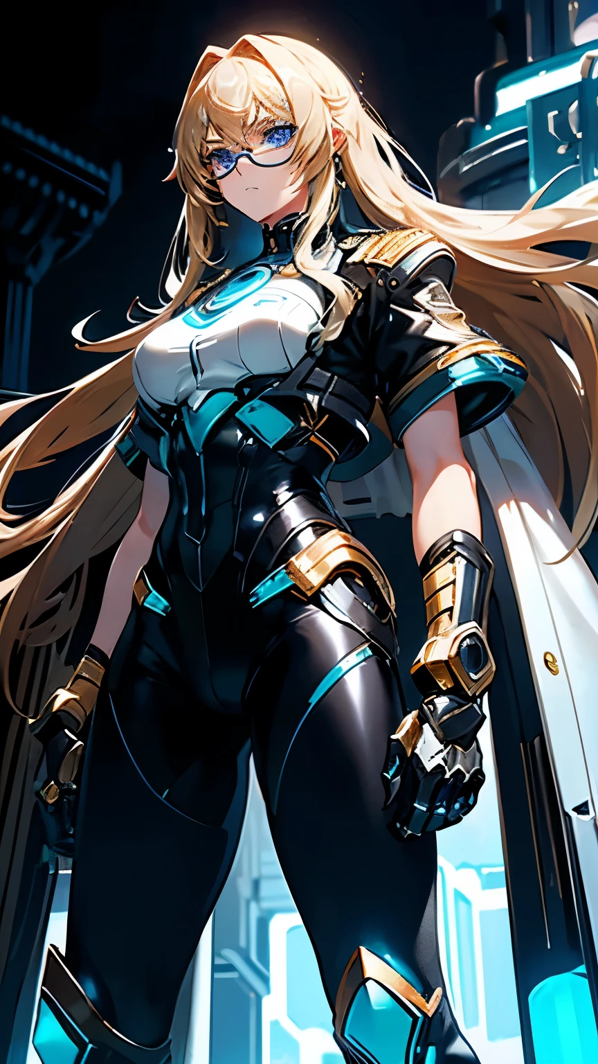 girl with long blonde hair with blue eyes, aggressive features, superhero costume with a technological looking golden sword with neon blue details in her right hand, a white short sleeve shirt with a black leather jacket, black boots, black pants , a futuristic looking golden claw on his left hand, futuristic blue glasses, remove background