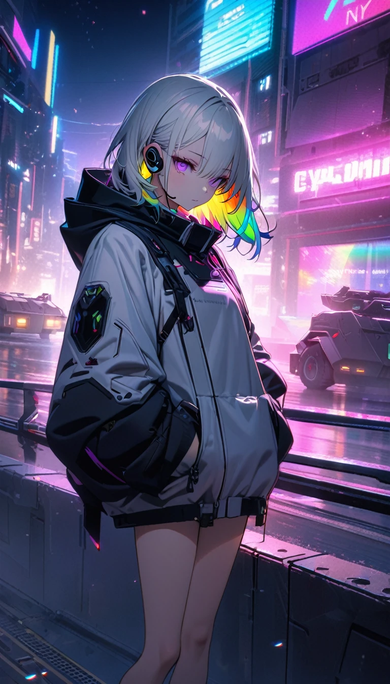 8K resolution,Handsome, solitary, 1 female, Medium Length Hair, white hair, Rainbow hair, Purple Eyes,Exquisite eyes, Black and white hood, Futuristic, Cyberpunk, Cybernetics,Bare Legs,Armored Vehicles,night,earphone