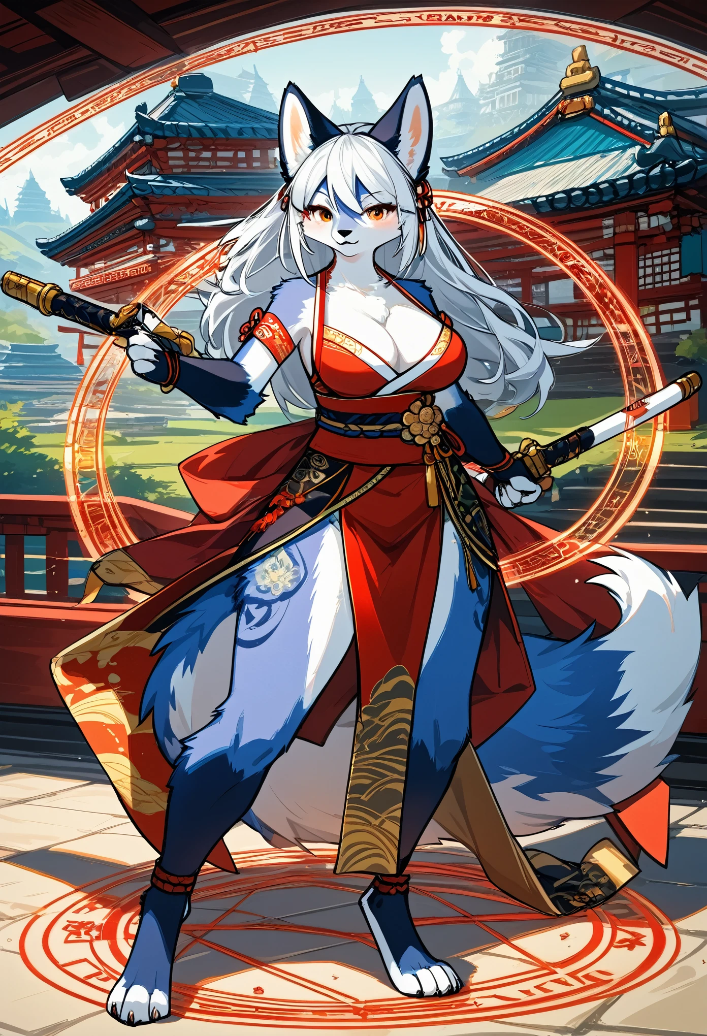 Best quality, masterpiece, ultra high res, xiuxian, weapon(kemono, furry anthro, 1girl, solo, weapon, cleavage)magic circle, xiuxian, upper body, Beautiful girl, full body, east asian architecture, sheath, architecture,