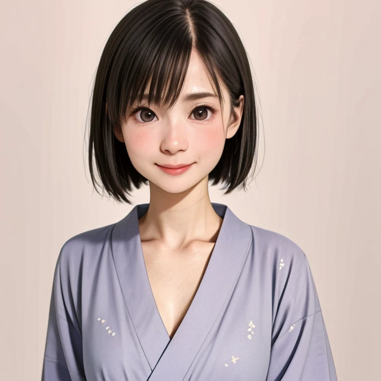 (kawaii 24 year-old Japanese girl, Nogizaka idol, Korean idol), glossy brown hair, (very short hair:1.2), beautiful black eyes, rounded face, narrow shoulders, single eyelid, (no makeup:1.2), (shy, smile, noseblush:1.3), (yukata, Japanese traditional clothes), extra small breasts, BREAK, (simple white background:1.2), (view from forward, bust shot, id photo:1.2), BREAK, (masterpiece, best quality, photo realistic, official art:1.4), (UHD, 8K quality wallpaper, high resolution, raw photo, golden ratio:1.3), (shiny skin), professional lighting, physically based rendering, award winning, (highly detailed skin texture, extremely detailed face and eyes textures), Carl Zeiss 85 mm F/1.4, depth of field, (1girl, solo),