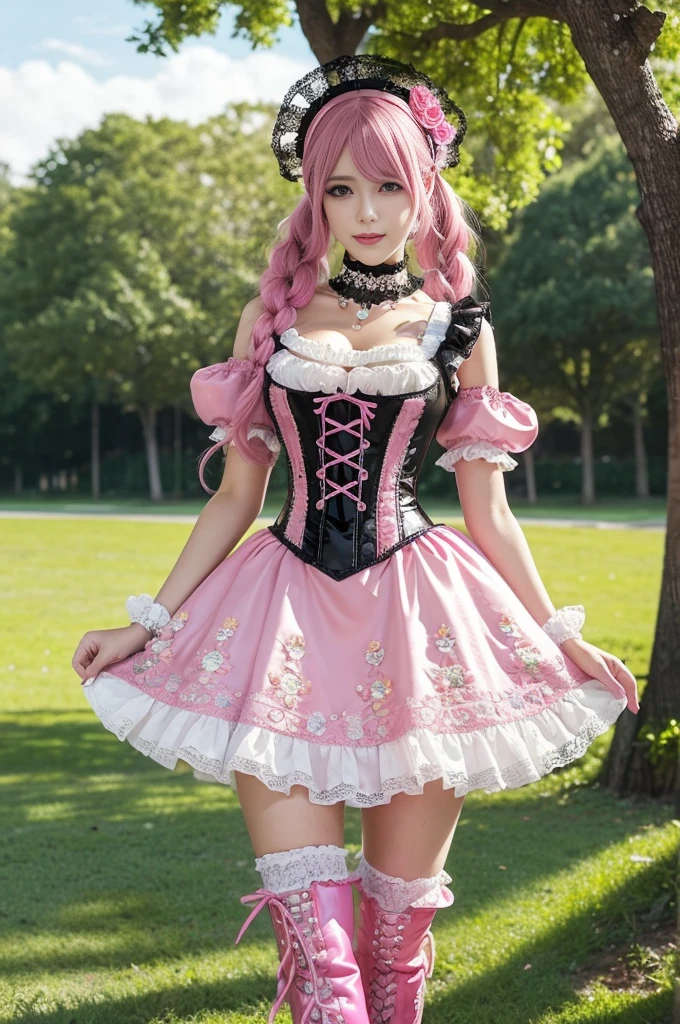 sexy stylish Swedish model, only 1 female, ((doll-like appearance)), long neon pink stylish hair, ((shiny Victorian-Style boots)), beautiful smile, ultra detailed eyes, vivid eye makeup, lipgloss, long lashes, defined eyebrows, ((sexy Paradise Kiss cosplay)), bell-shaped skirt, petticoats, high neckline, puffed sleeves, (( ultra detailed lace)), ((ultra detailed embroidery)), intricate details, Paradise Kiss accessoires and matching headpiece, choker, ((large sparkling Paradise Kiss jewelry)), cinematic light, detailed large park background with trees