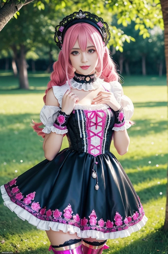 sexy stylish Swedish model, only 1 female, ((doll-like appearance)), long neon pink stylish hair, ((shiny Victorian-Style boots)), beautiful smile, ultra detailed eyes, vivid eye makeup, lipgloss, long lashes, defined eyebrows, ((sexy Paradise Kiss cosplay)), bell-shaped skirt, petticoats, high neckline, puffed sleeves, (( ultra detailed lace)), ((ultra detailed embroidery)), intricate details, Paradise Kiss accessoires and matching headpiece, choker, ((large sparkling Paradise Kiss jewelry)), cinematic light, detailed large park background with trees