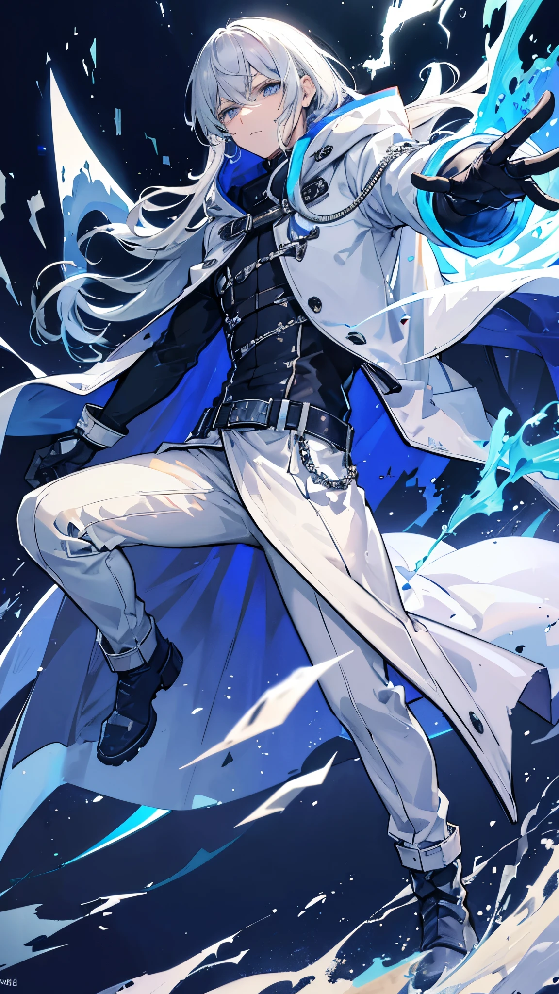 a man with grey long hair and grey eyes, wearing a ice hooded cape, a blue shirt, beige pants, gloves, a belt, and boots, masculine pose, figther expression, colorful smoky background, magical smoke, psychedelic colors