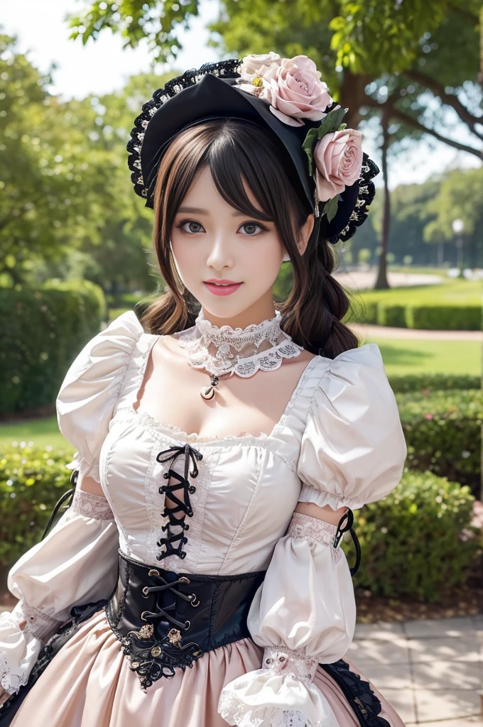sexy stylish female model, only 1 female, ((doll-like appearance)), ((ultra detailed Victorian-Style boots)), beautiful smile, ultra detailed eyes, vivid eye makeup, lipgloss, long lashes, defined eyebrows, ((sexy Paradise Kiss cosplay)), bell-shaped skirt, petticoats, high neckline, puffed sleeves, (( ultra detailed lace)), ((ultra detailed embroidery)), intricate details, Paradise Kiss accessoires and matching headpiece, choker, ((large sparkling Paradise Kiss jewelry)), cinematic light, detailed large park background with trees
