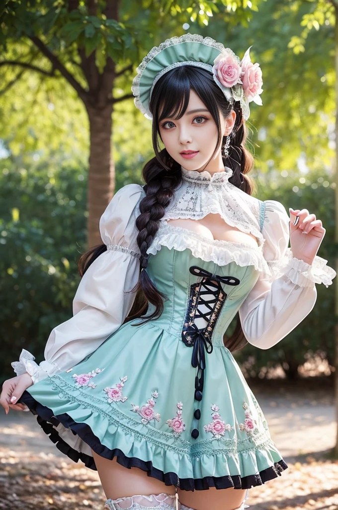 sexy stylish Swedish model, only 1 female, ((doll-like appearance)), ((ultra detailed Victorian-Style boots)), beautiful smile, ultra detailed eyes, vivid eye makeup, lipgloss, long lashes, defined eyebrows, ((sexy Paradise Kiss cosplay)), bell-shaped skirt, petticoats, high neckline, puffed sleeves, (( ultra detailed lace)), ((ultra detailed embroidery)), intricate details, Paradise Kiss accessoires and matching headpiece, choker, ((large sparkling Paradise Kiss jewelry)), cinematic light, detailed large park background with trees 
