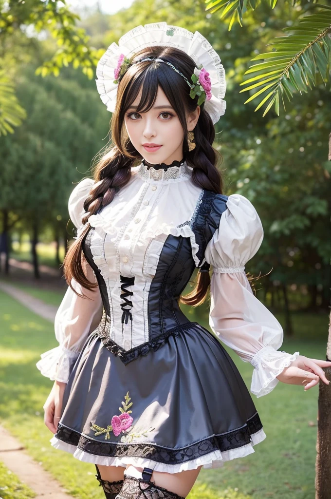 stylish Swedish model, only 1 female, ((doll-like appearance)), ((ultra detailed Victorian-Style boots)), beautiful smile, ultra detailed eyes, vivid eye makeup, lipgloss, long lashes, defined eyebrows, ((sexyadise Kiss cosplay)), bell-shaped skirt, petticoats, high neckline, puffed sleeves, (( ultra detailed lace)), ((ultra detailed embroidery)), intricate details, Paradise Kiss accessoires and matching headpiece, choker, ((large sparkling Paradise Kiss jewelry)), cinematic light, detailed large park background with trees