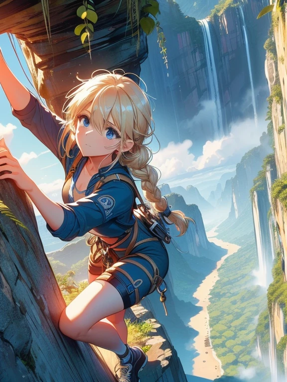 (8k, highest quality, Tabletop:1.2)、Ultra-high resolution, Detailed face, One 15-year-old girl, Blue eyes, Blonde, Braid, (((free solo climbing))), ((hands on cliff)), ((raise head)), ((sweat)), ((fluttering hair)), ((sneakers)), ((pendant)), (crop top), (shorts), holster, fog, sky, jungle, canyon, high sky,