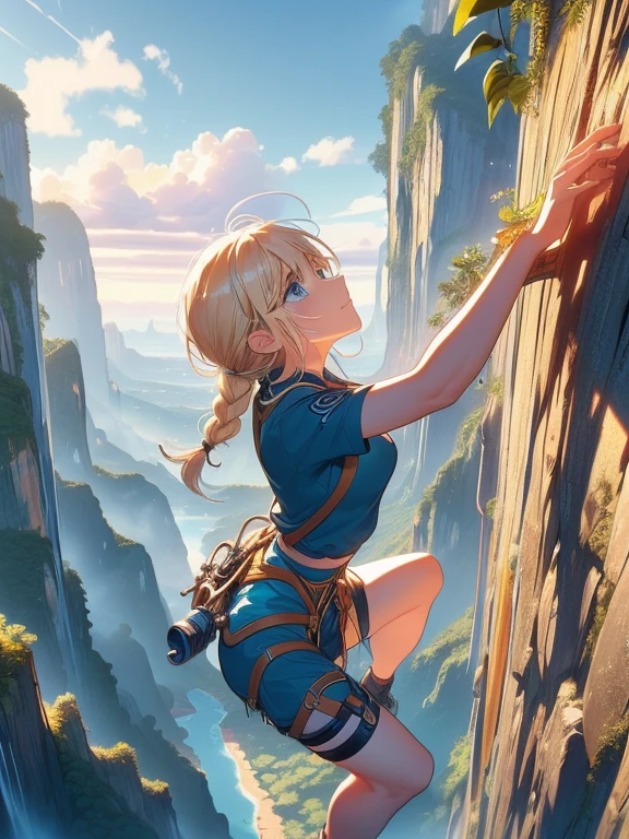 (8k, highest quality, Tabletop:1.2)、Ultra-high resolution, Detailed face, One 15-year-old girl, Blue eyes, Blonde, Braid, (((free solo climbing))), ((hands on cliff)), ((raise head)), ((sweat)), ((fluttering hair)), ((sneakers)), ((pendant)), (crop top), (shorts), holster, fog, sky, jungle, canyon, high sky,