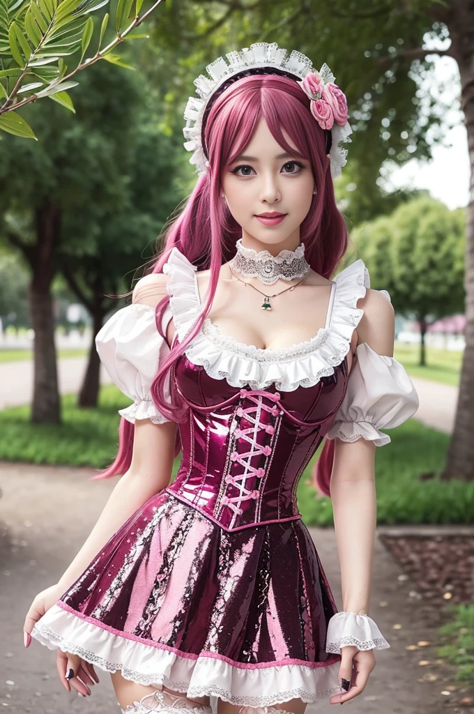 sexy stylish Swedish model, only 1 female, ((doll-like appearance)), long neon pink stylish hair, ((shiny Victorian-Style boots)), beautiful smile, ultra detailed eyes, vivid eye makeup, lipgloss, long lashes, defined eyebrows, ((sexy Paradise Kiss cosplay)), bell-shaped skirt, petticoats, high neckline, puffed sleeves, (( ultra detailed lace)), ((ultra detailed embroidery)), intricate details, Paradise Kiss accessoires and matching headpiece, choker, ((large sparkling Paradise Kiss jewelry)), cinematic light, detailed large park background with trees