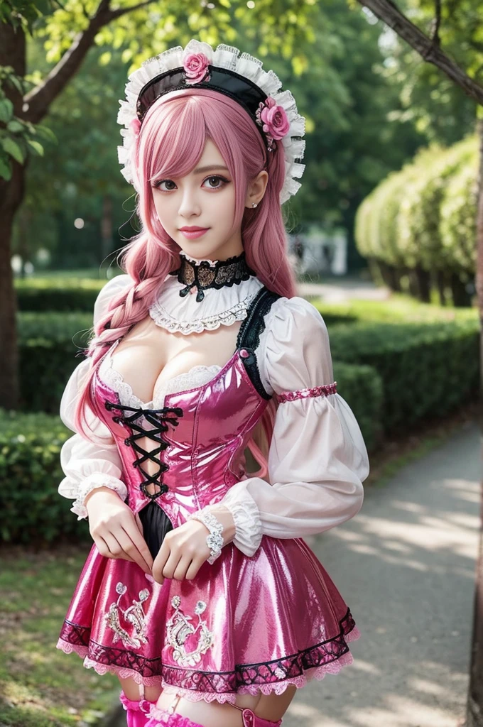 sexy stylish Swedish model, only 1 female, ((doll-like appearance)), long neon pink stylish hair, ((shiny Victorian-Style boots)), beautiful smile, ultra detailed eyes, vivid eye makeup, lipgloss, long lashes, defined eyebrows, ((sexy Paradise Kiss cosplay)), bell-shaped skirt, petticoats, high neckline, puffed sleeves, (( ultra detailed lace)), ((ultra detailed embroidery)), intricate details, Paradise Kiss accessoires and matching headpiece, choker, ((large sparkling Paradise Kiss jewelry)), cinematic light, detailed large park background with trees