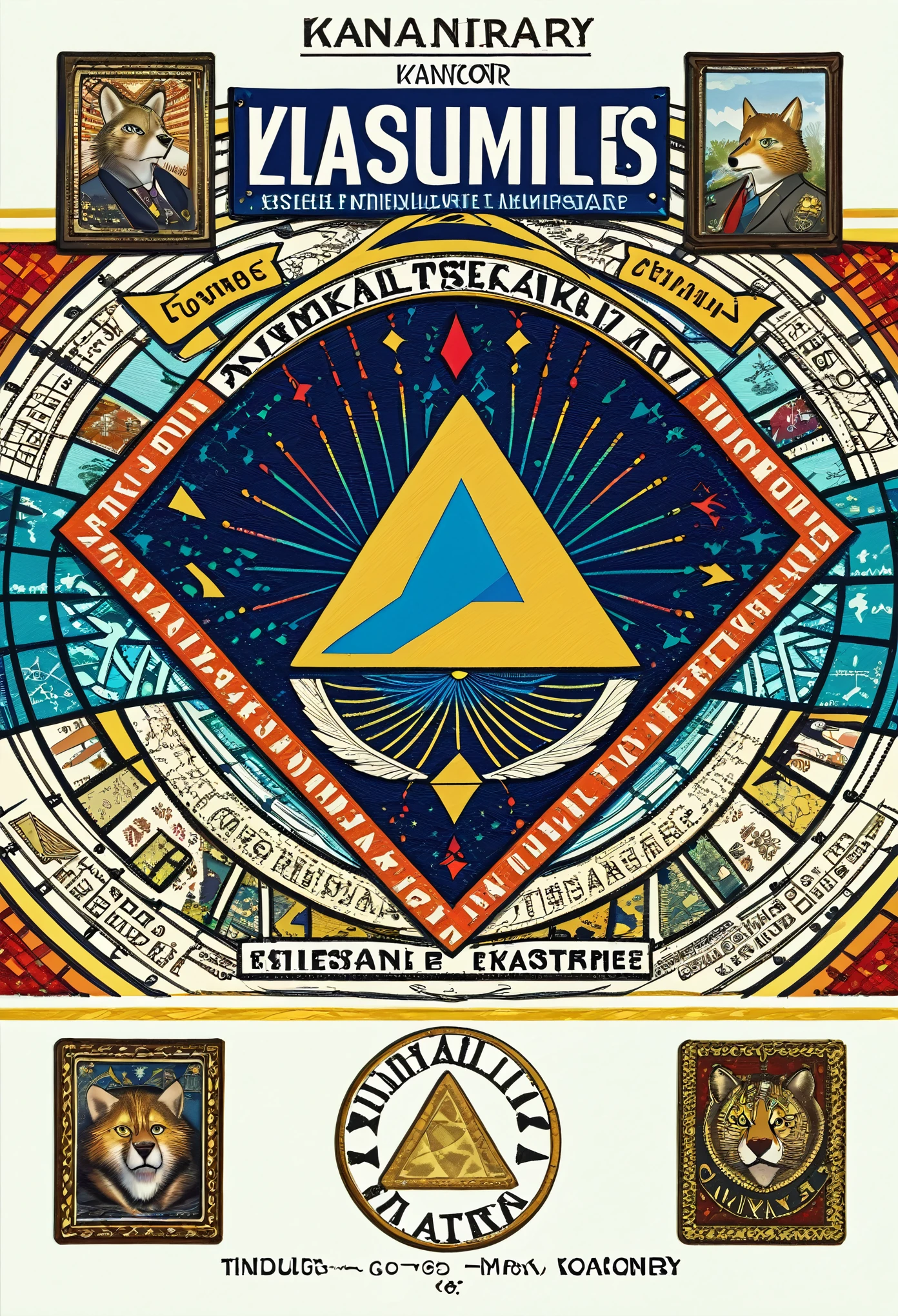 top quality, stamp Design, kaleidoscope, Geometric pattern, best quality, poster, rzminjourney, vector-art, High-quality illustrations by Victo Ngai, masterpiece(kemono, furry anthro)logo mark, triangle,